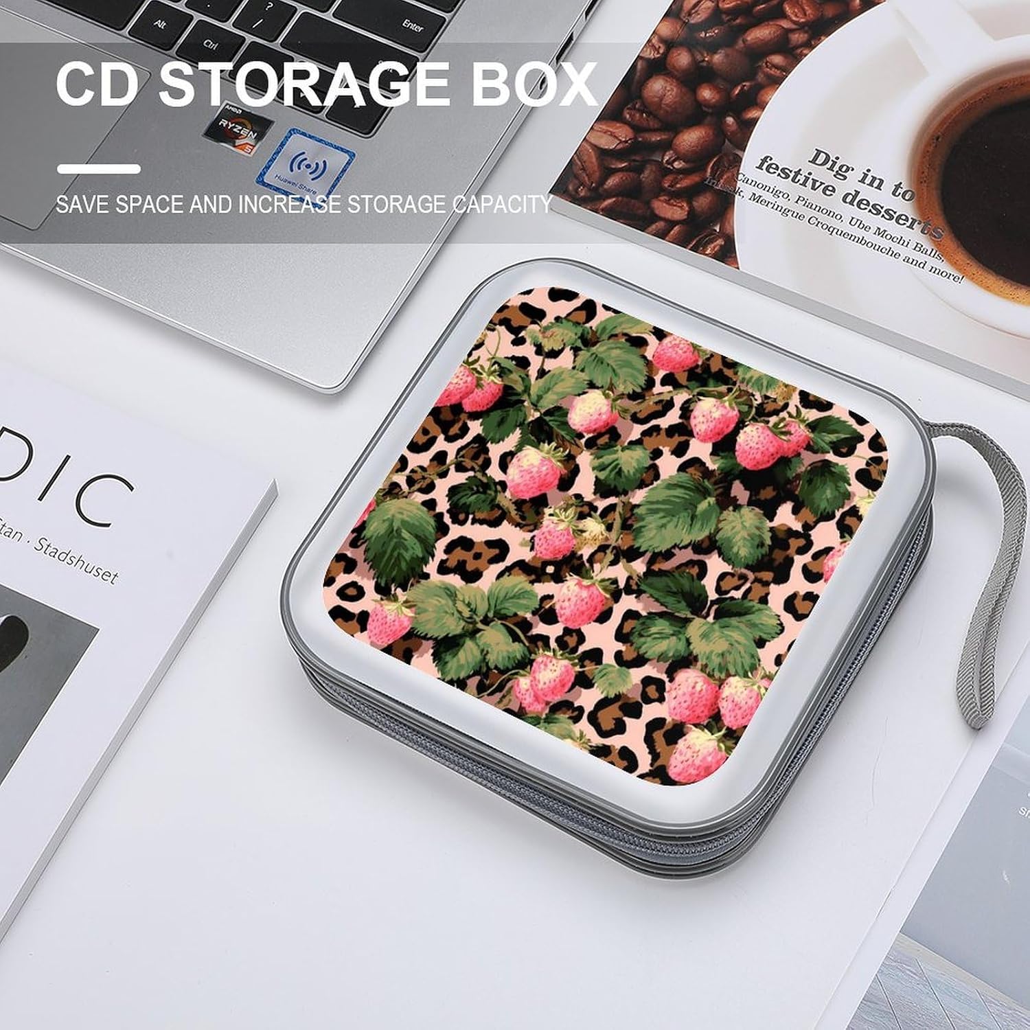Leopard Print Strawberries Leaves CD Case DVD Storage Holder Binder 40 Capacity