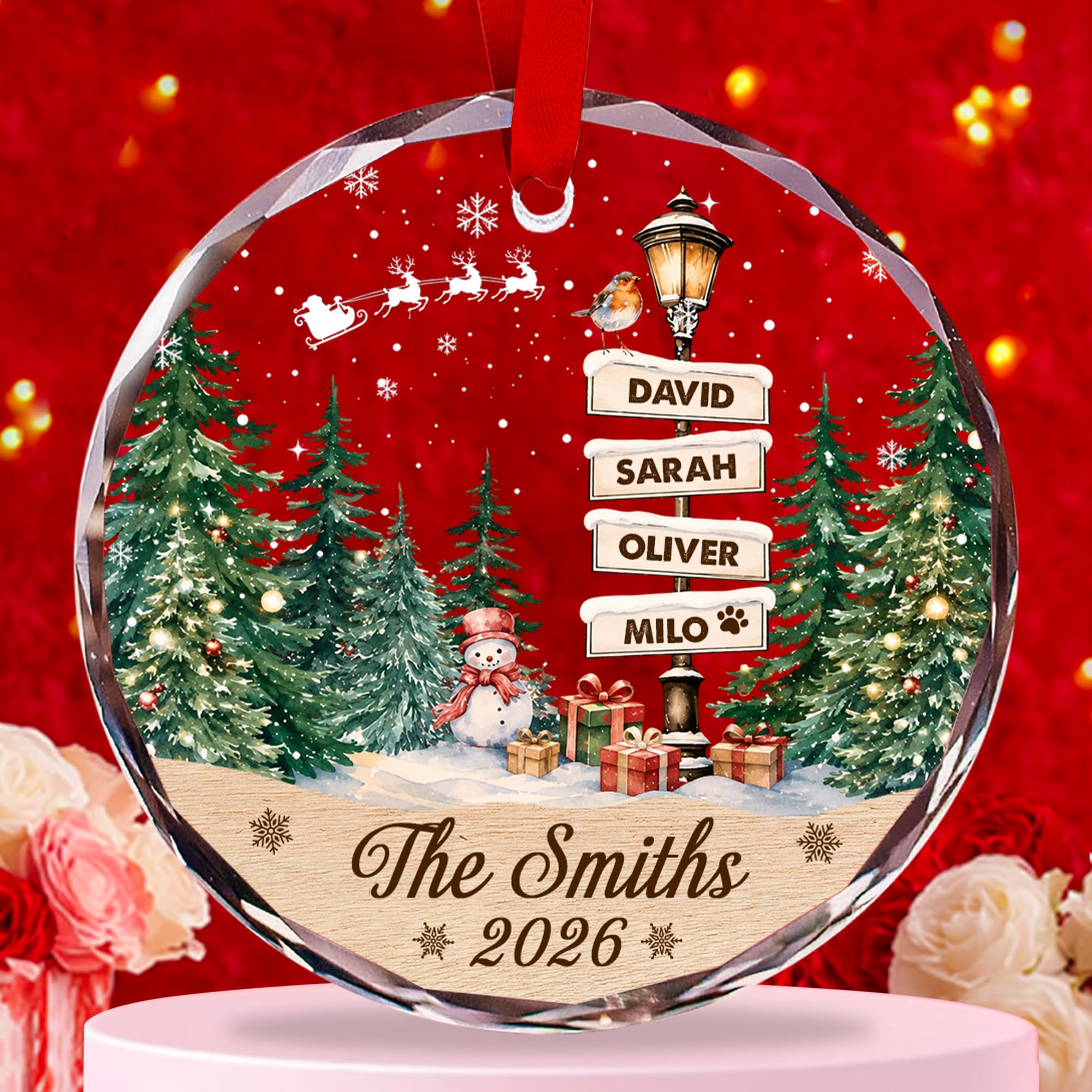 Personalized Street Sign Memorial Crystal Glass Ornament, Custom Names