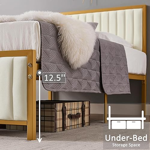 Miniatura 41 de VECELO Base de cama tamaño matrimonial con cabecera y estribo tapizados, plataforma de listones de acero resistente, no necesita somier, color gris