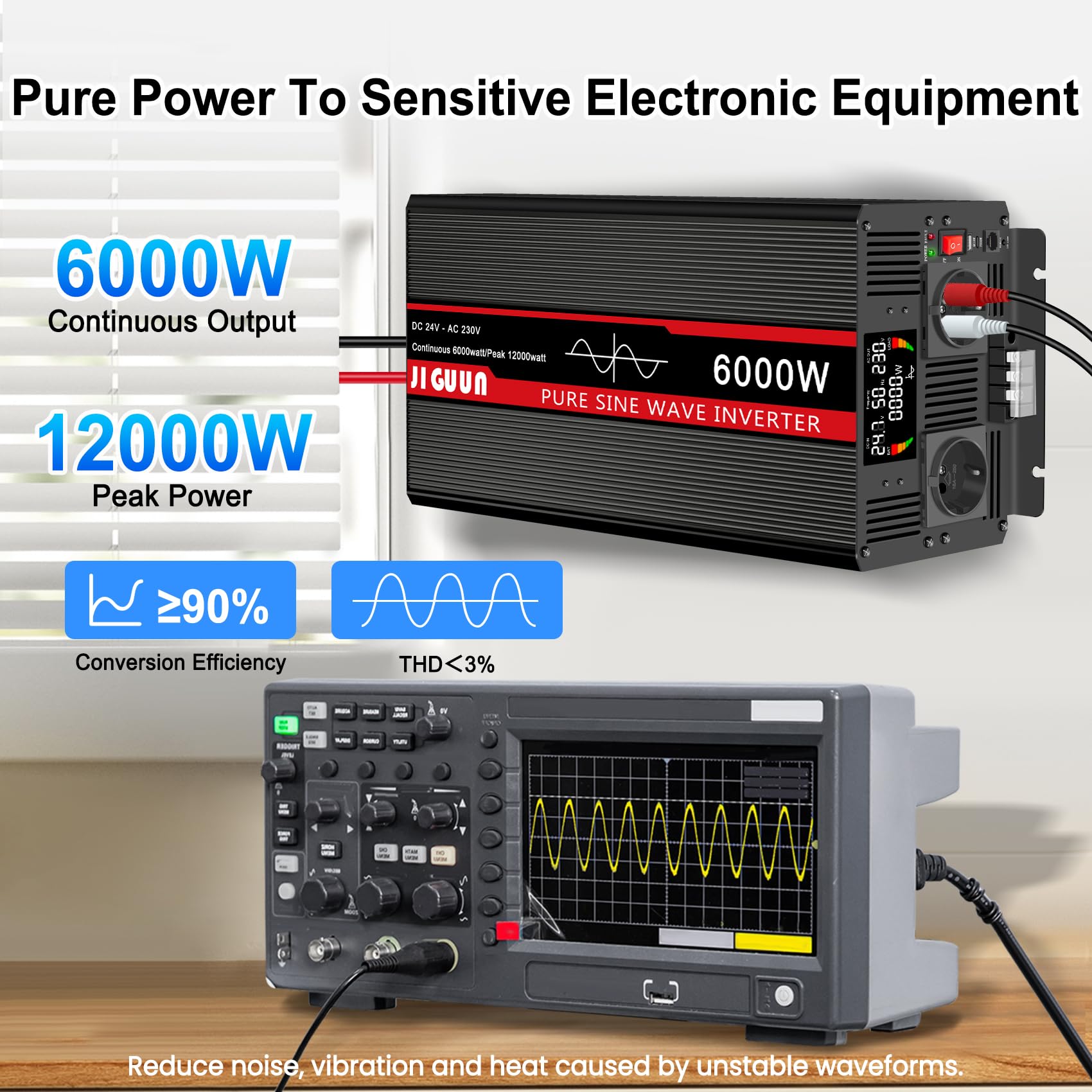 JIGUUN 6000W inwerter sinusoidalny 24V na 230 V z bezprzewodowym pilotem zdalnego sterowania Wyświetlacz LCD 2 gniazdko UE i 1 port USB do samochodu, na kemping, w podróży, w nagłych