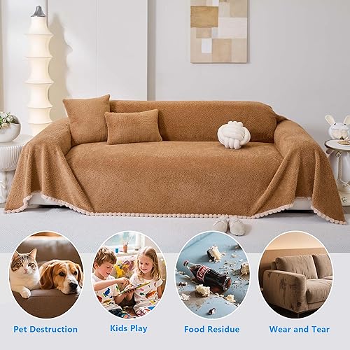 Miniatura 4 de Funda de sofá de forro polar Sherpa para sofá de 2 cojines, marrón, 71 x 118 pulgadas, funda de sofá a prueba de mascotas, resistente, resistente a