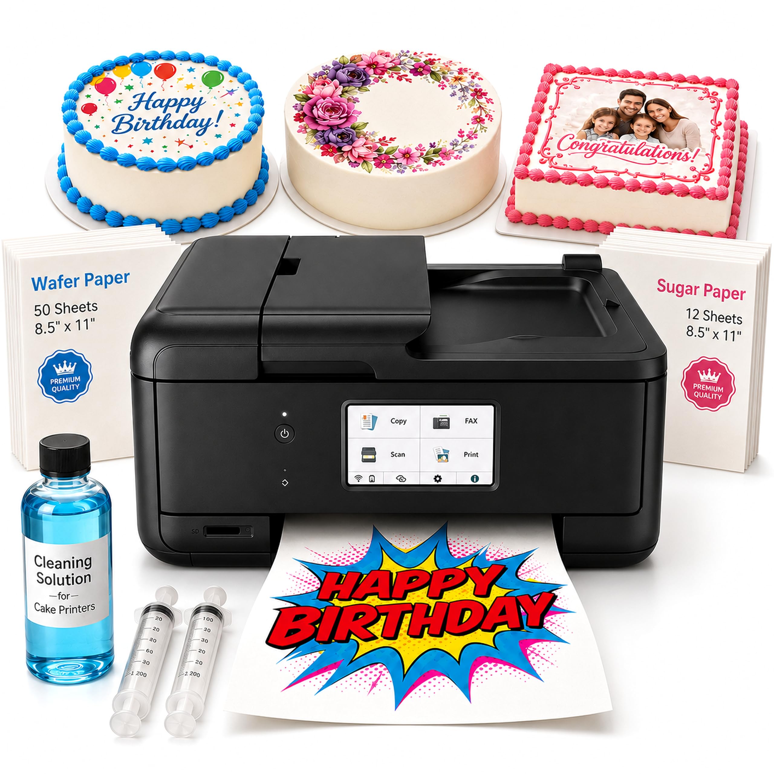 Ediblethingz Kit per stampante con immagini per cake topper per torte, include 50 fogli di carta di riso premium, 12 fogli di glassa Supreme, kit di pulizia, wireless All-in-One