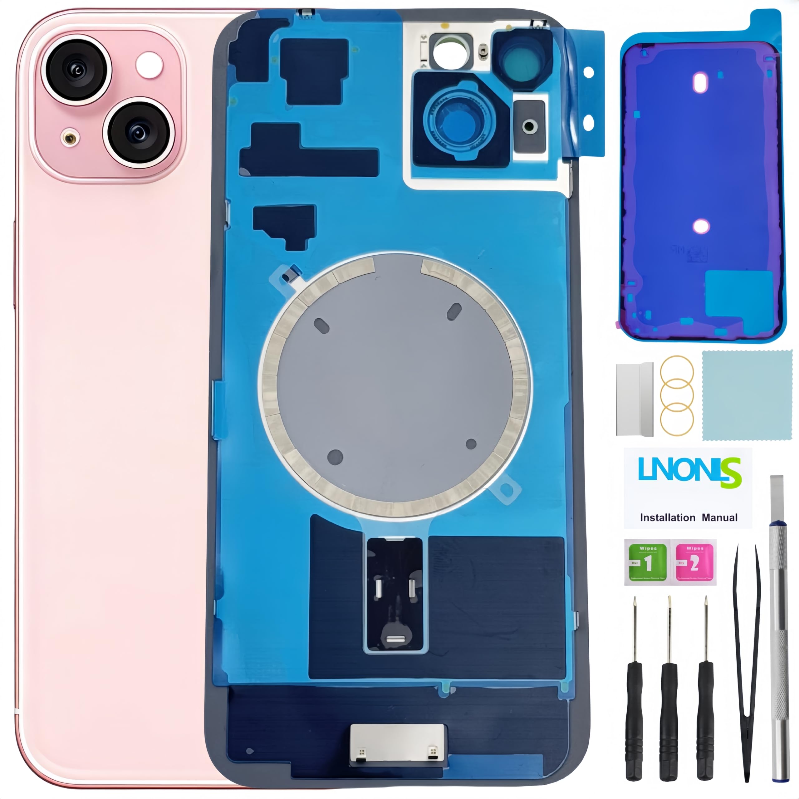 Photo 1 of LNONLS 15 Plus Back Glass Replacement for iPhone 15 Plus Rear Back Cover Glass with Waterproof and Camera Lens+Professional Repair Tool Kit (Pink)