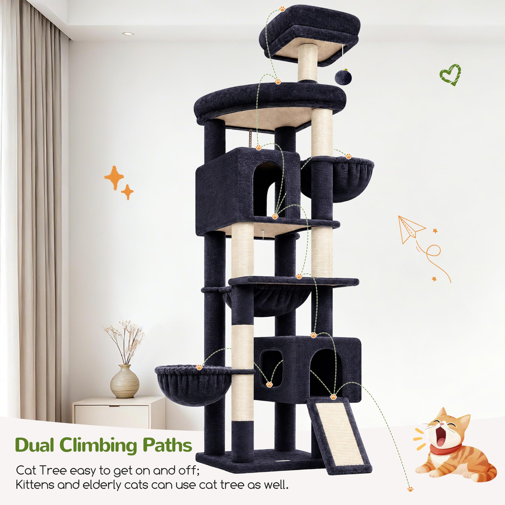 Globlazer Árbol Rascador XXL 209 cm para 2/3/4 Grande Gatos Interiores F82C | Estabilizar Árboles de actividades para gatos con Hamaca Rampa de sisal para Gatitos Gatos adultos Gatos mayores