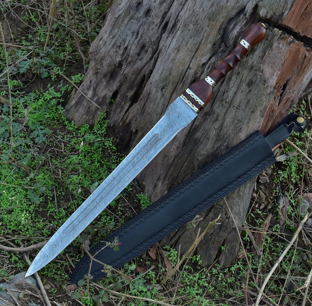 Empire - Damascus Steel Double Edge Viking Sword - Rose Wood Handle - Combat Sword - Hunting Sword with Leather Sheath - Best
