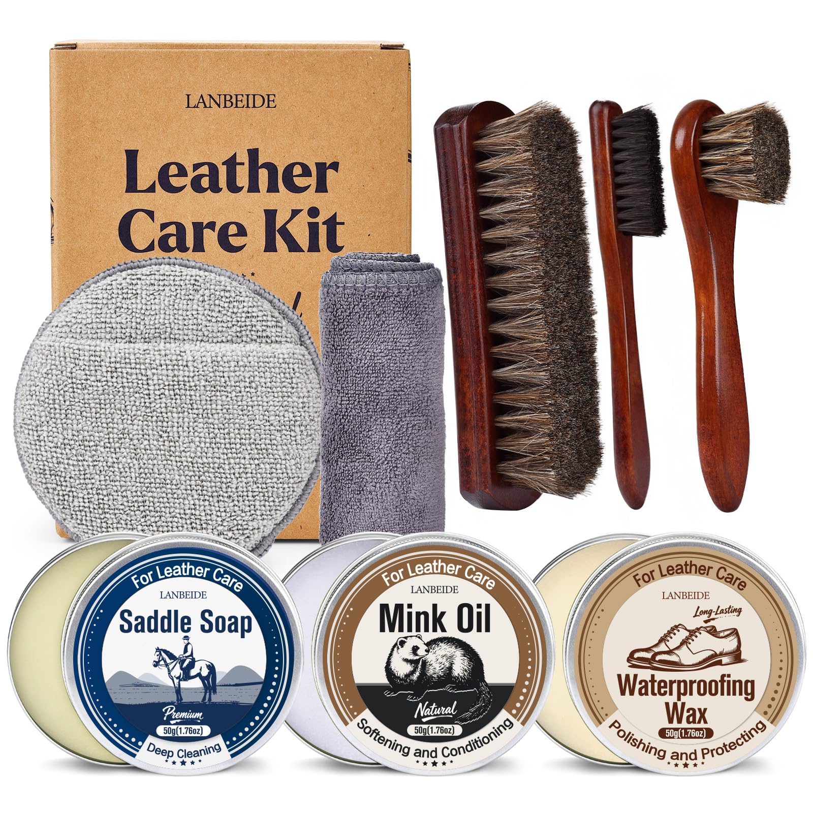LANBEIDE Leather Boot Care Kit with Saddle Soap, Mink Oil &amp; Waterproof Wax
