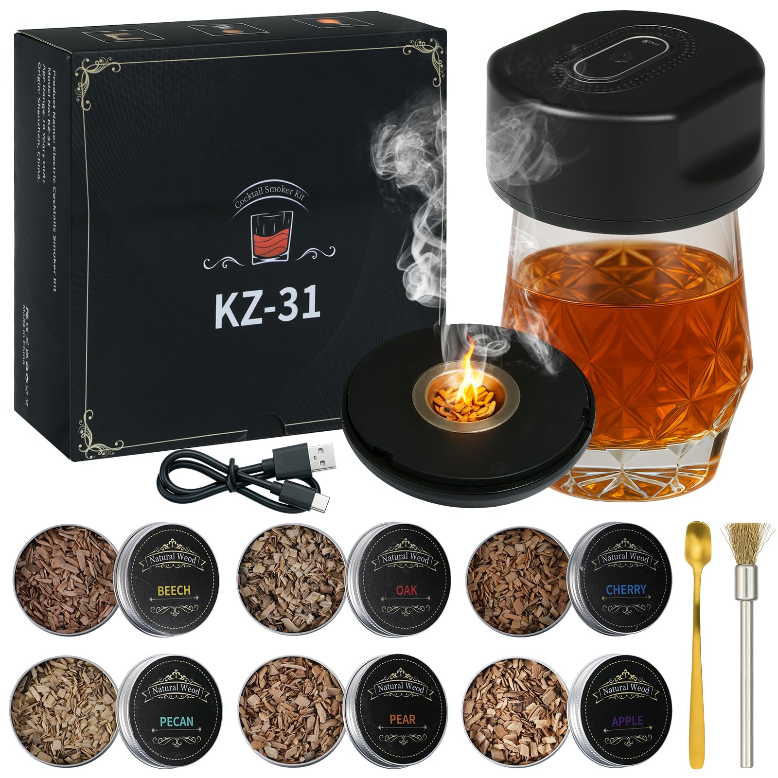 Kit Fumoir à Whisky électrique - Avec 6 Bois Aromatiques (pomme, Chêne, Cerise...), Rechargeable USB, Pour Cocktails, Plats Fumés - Cadeau Pour Amateurs De Whisky
