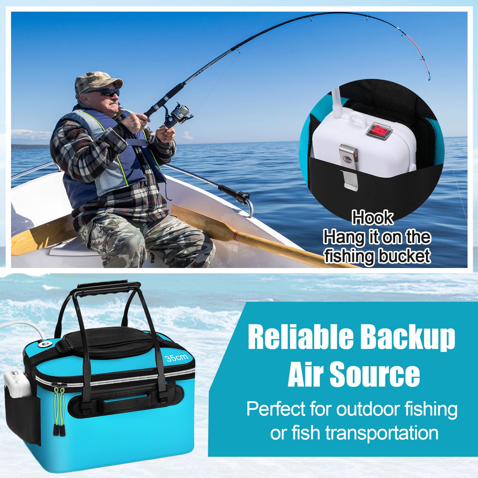Secchio da pesca e aeratore per esche vive, pieghevole, multifunzionale, portatile, silenzioso, aeratore per campeggio, pesca, borsa in EVA (blu, 4 galloni)