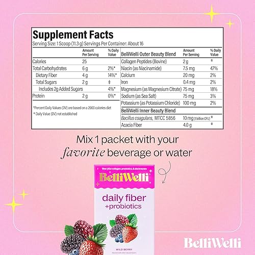 Miniatura 5 de Belli Welli Paquetes diarios de suplemento de fibra con colágeno, probióticos y electrolitos Paquetes de una sola porción para la salud intestinal,