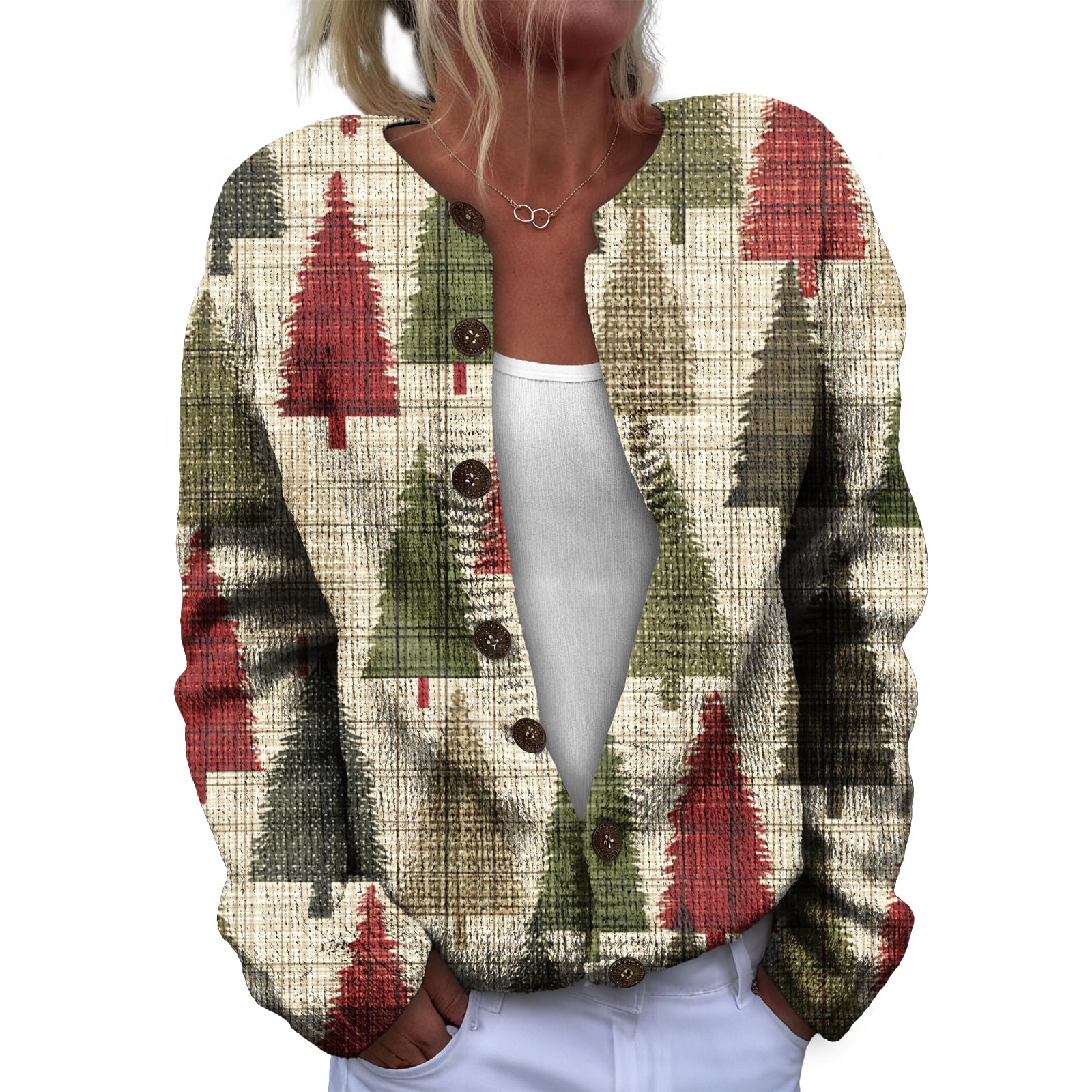 HOTYD Womens Christmas Cardigan Sweaters Cute Christmas Tree Print Button Down Sweater Loose Fit Winter Open Front Sweaters
