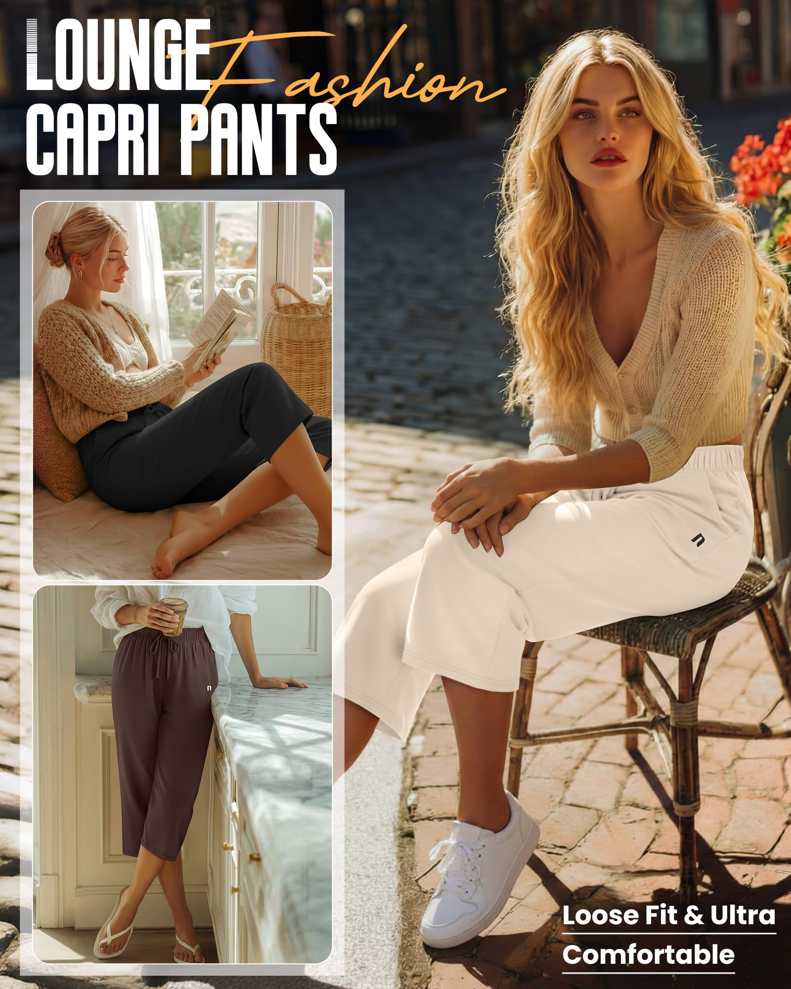 Neer Lot de 3 Pantalons Capri Larges et Simples pour Femme - Coupe Ample - avec Cordon de Serrage et Poches