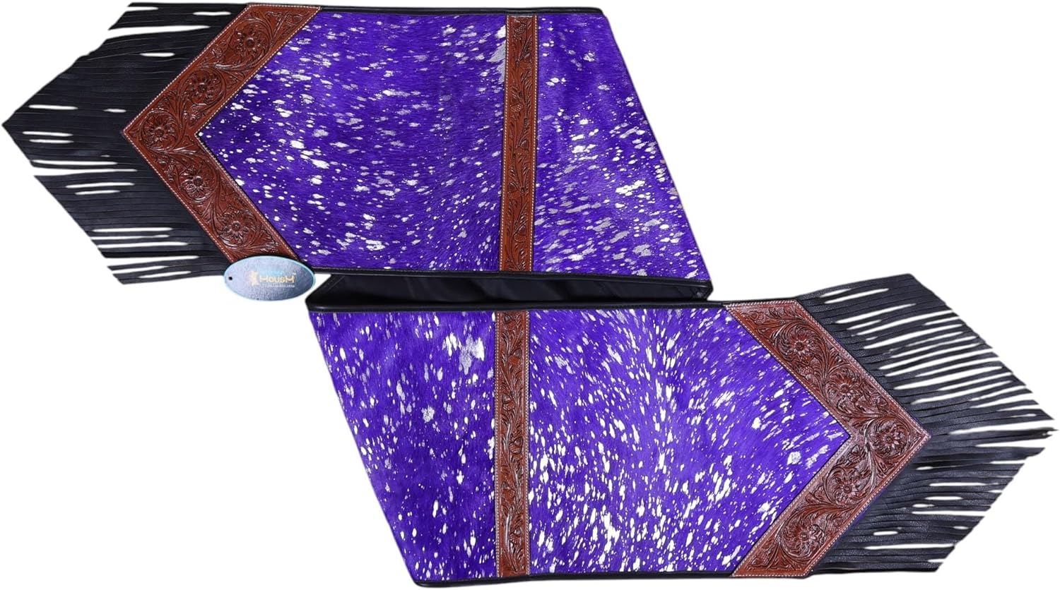 Purple Acid Wash Leather Table Runner – Square-Cut Design with Tooled V-Edge Corners, Fringe & Bowl Divider Strap – 72" x 12" – Handcrafted by MOUSM