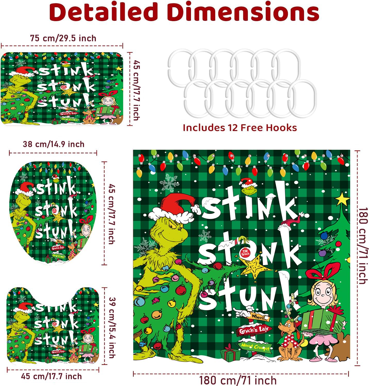 Juego de 4 cortinas de ducha navideñas con alfombras antideslizantes, cubierta para tapa de inodoro y tapete de baño antideslizante en forma de U, decoración de baño de Navidad con 12 ganchos 5