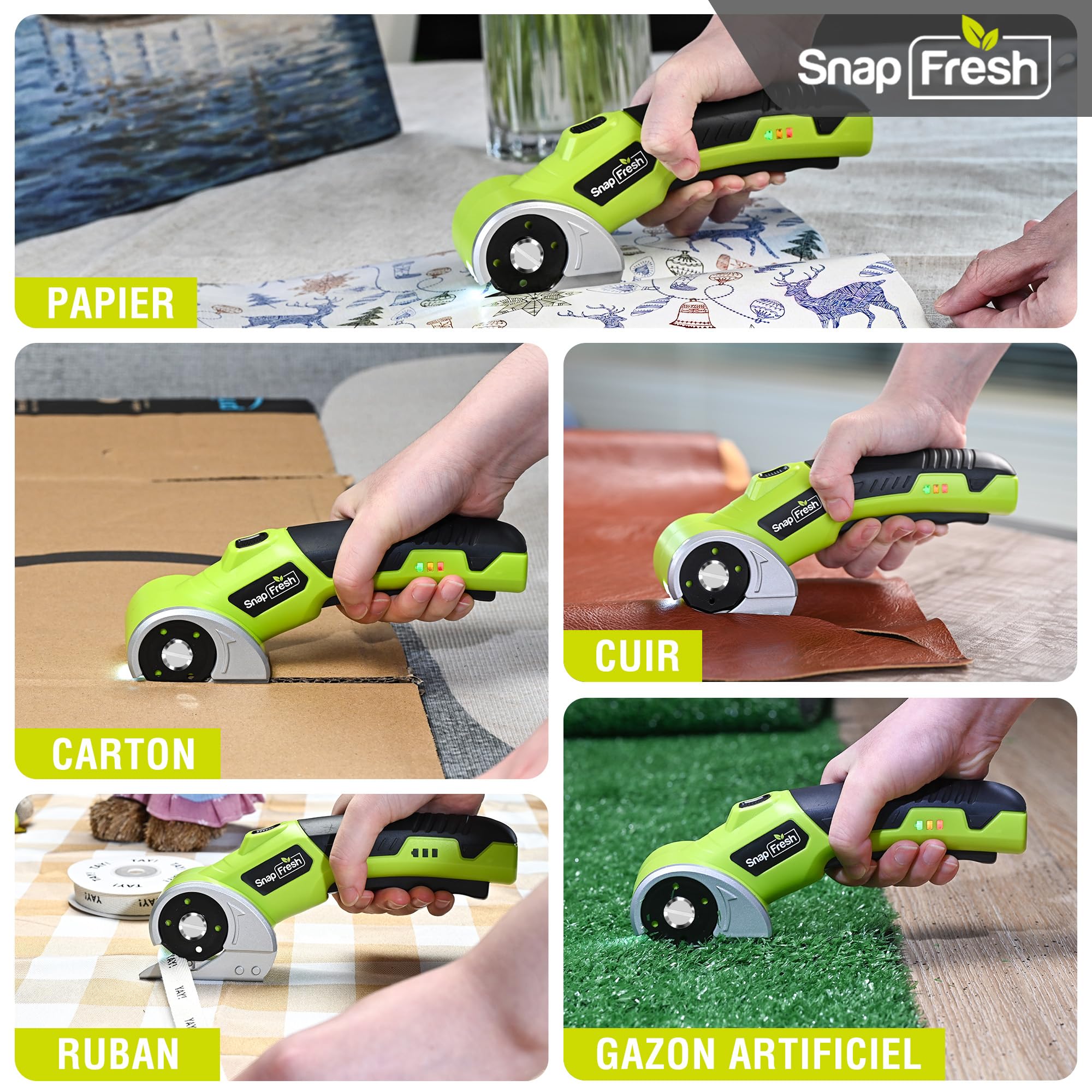 SnapFresh Ciseaux Électriques Sans Fil Cutter Rotatif avec 2 Lames Auto-Affûtantes SKS7, LED & Sac de Rangement – Akku Universel Coupe Carton, Papier, Tapis, Cuir, Feutre, PVC