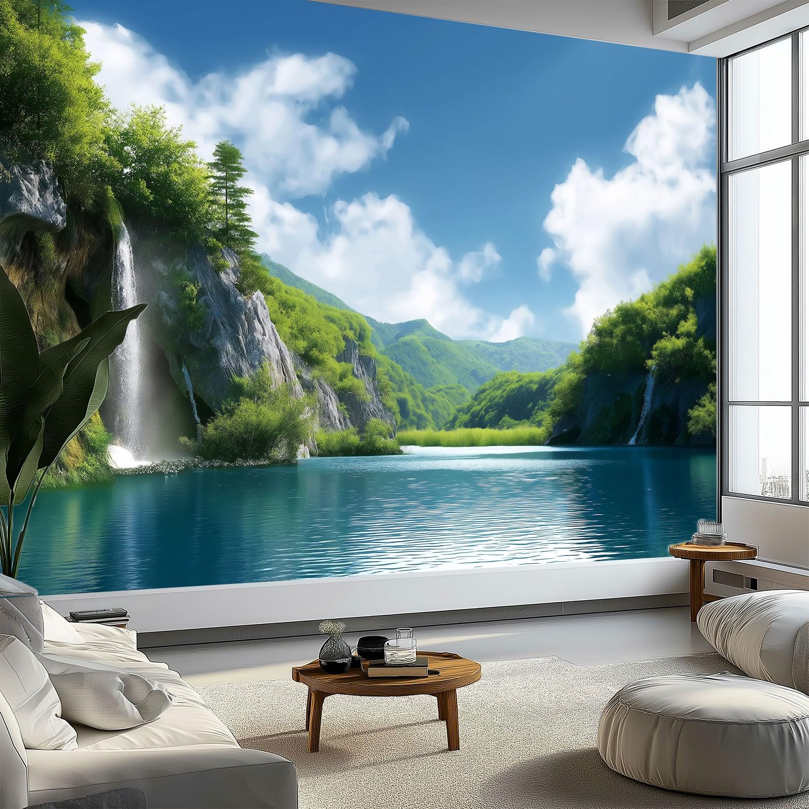 Naturalna sceneria klif wodospad jezioro tapeta sypialnia dzieci chłopcy tapeta 3D mural, niebieski pokój dla dzieci nastolatków plakat zdjęcie fototapeta pokój tematyczny pokój zabaw 350 x 256 cm