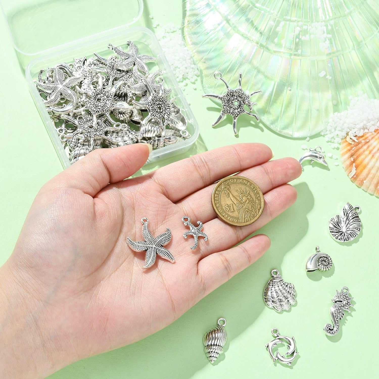 UR URLIFEHALL 50 Pcs 10 Styles Tibetan Ocean Animal Charms Pendants Dolphin Starfish Sea Shell Conch Charms for Bracelet Necklace Jewelry Making - Image 3