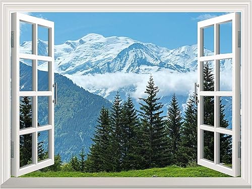 Miniatura 2 de wall26 Mural de pared extraíble, montaña de nieve y pinos fuera de la ventana abierta, decoración de pared creativa - 36 x 48 pulgadas