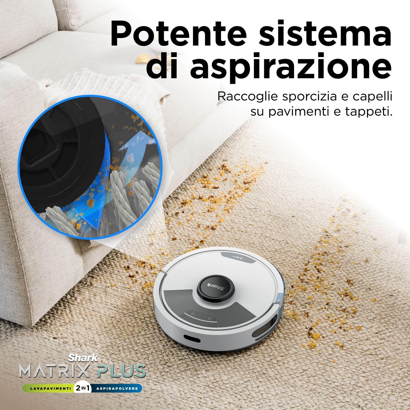 Shark Matrix Plus 2 in 1 Aspirapolvere Robot Lavapavimenti, Mappatura LiDAR e Edge Cleaning, Tappeti, Pavimenti e Animali Domestici, Antiallergeni, Ricarica Automatica, Wi-Fi e App con Alexa, Bianco