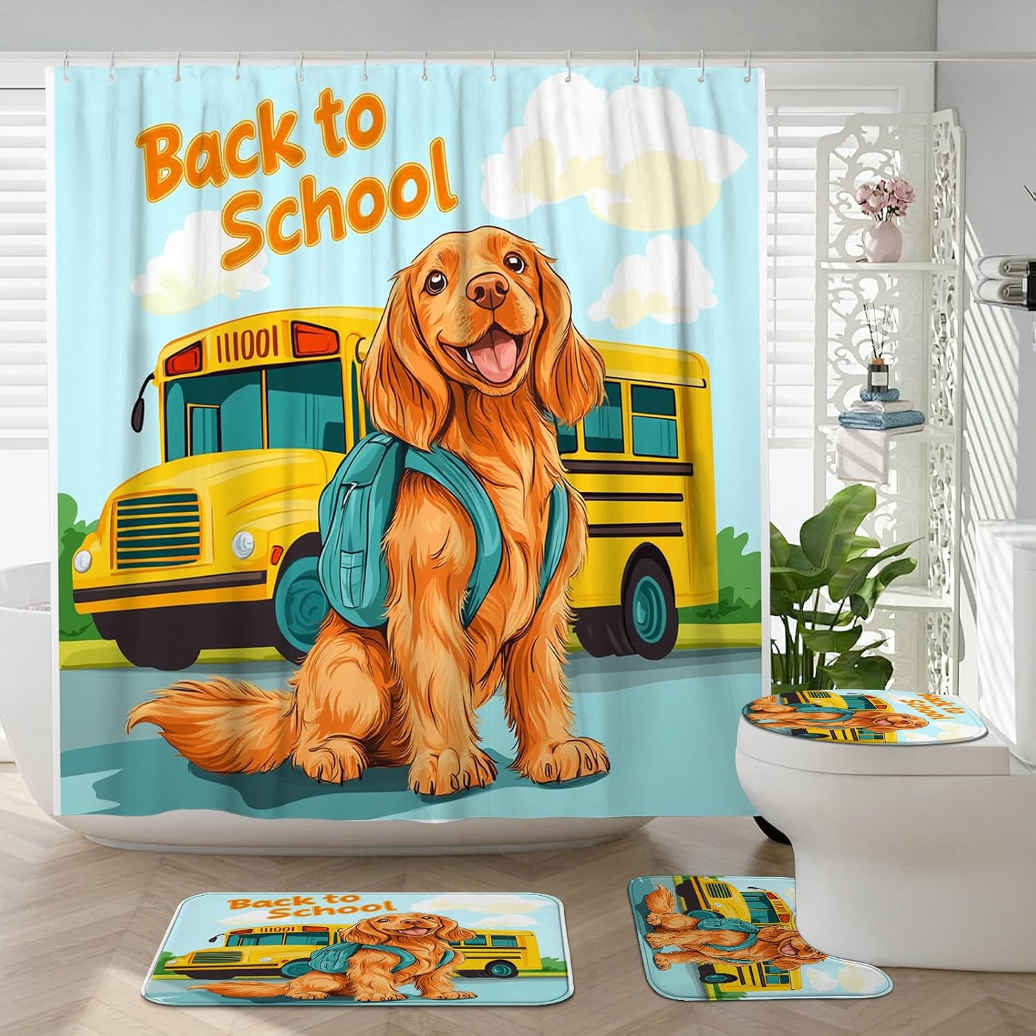 4PCS Irish Setter Dog School Bus Bathroom Accessory Sets with Non-Slip Rug, U Shape and Toilet Lid Cover Mat, Fun Back to School Puppy Bathroom Decorative-72''x72''