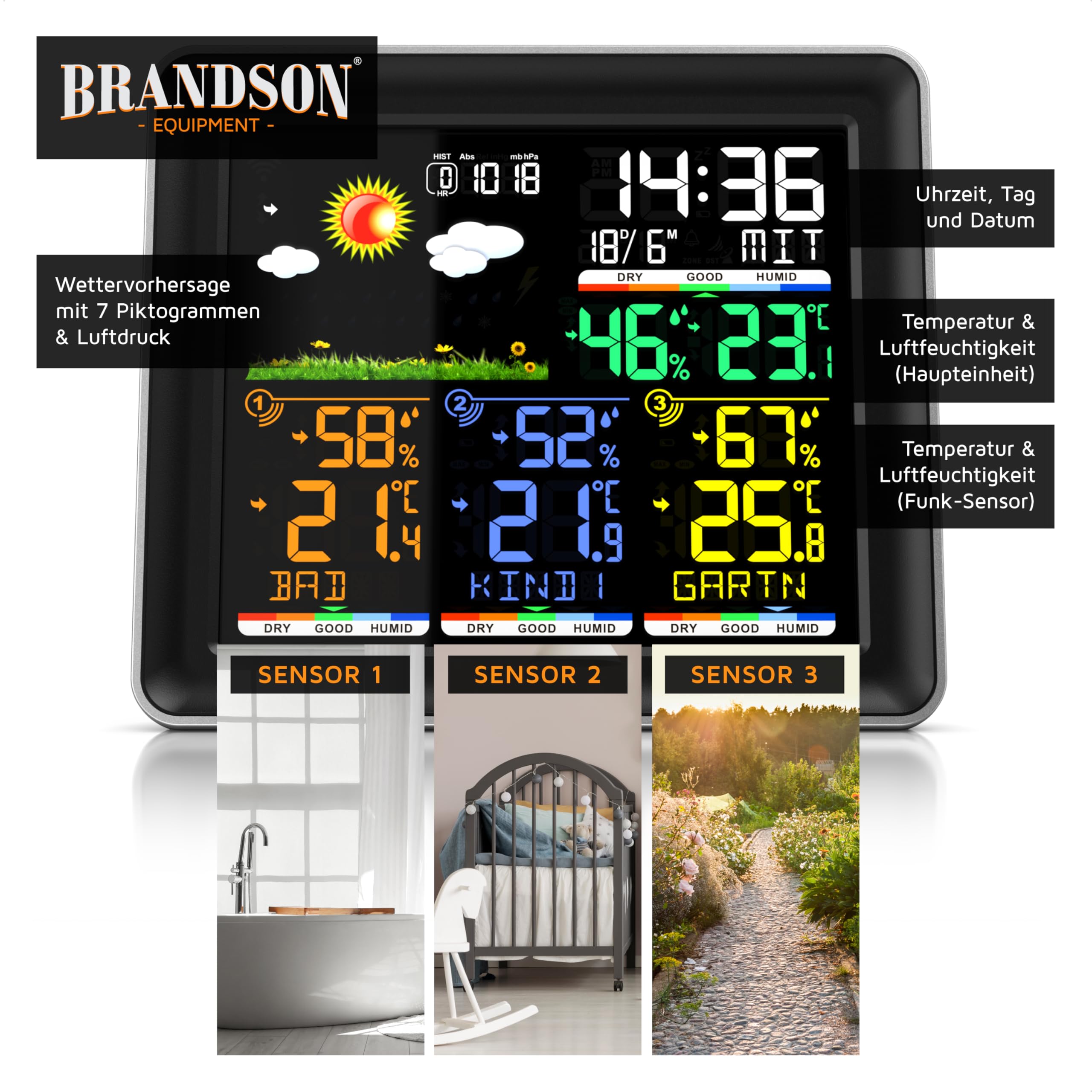 Brandson - Wetterstation Funk mit Außensensor - Farbdisplay - DCF Empfangssignal Funkuhr - Innen und Außentemperatur - Wettervorhersage - Temperatur Luftfeuchtigkeit Luftdruck - 3 x Außensensor