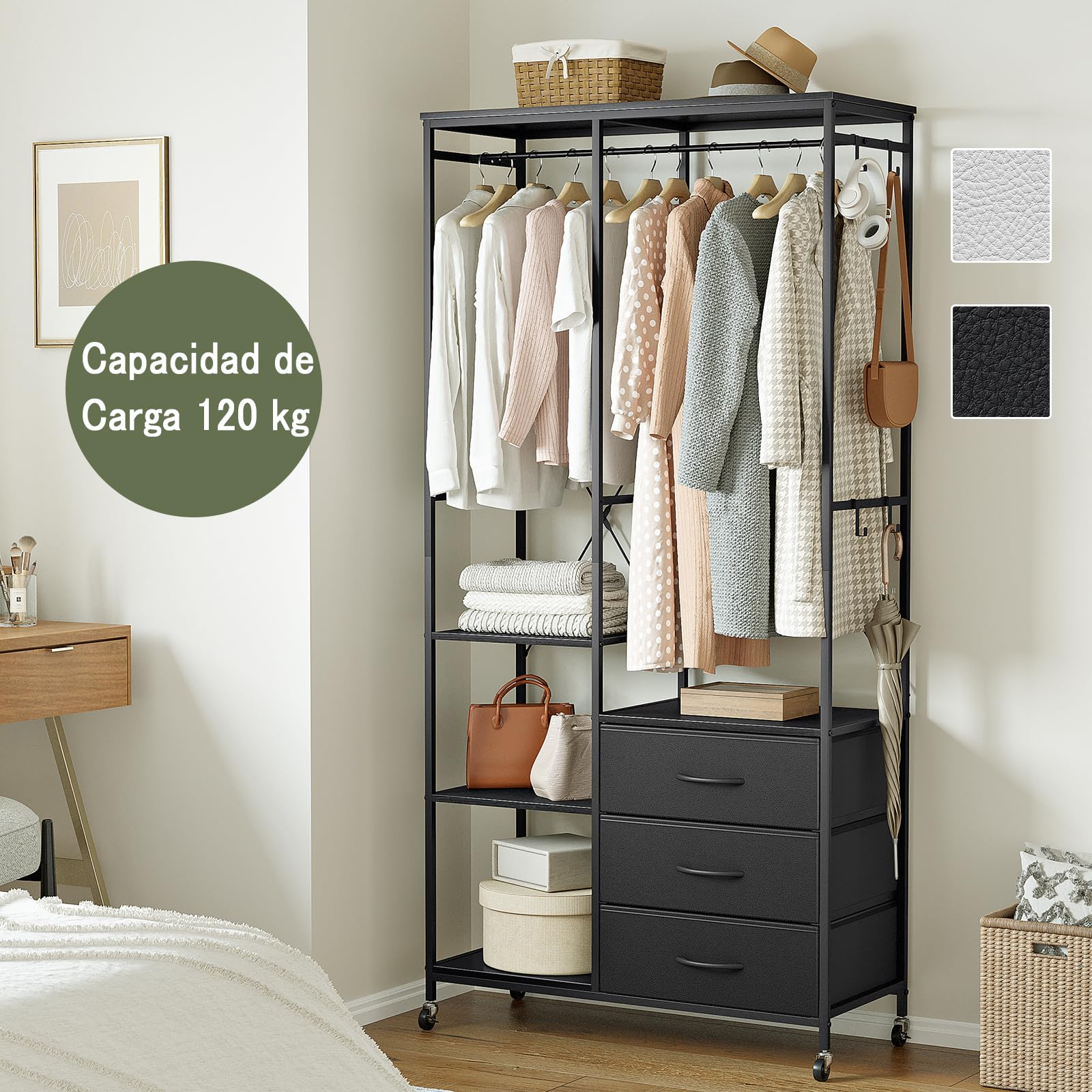 Appendiabiti con Cassetti, Stand Appendiabiti, Armadio Aperto, Guardaroba, Attaccapanni Moderno, Ripiani Regolabili, 4 Ganci, Nero