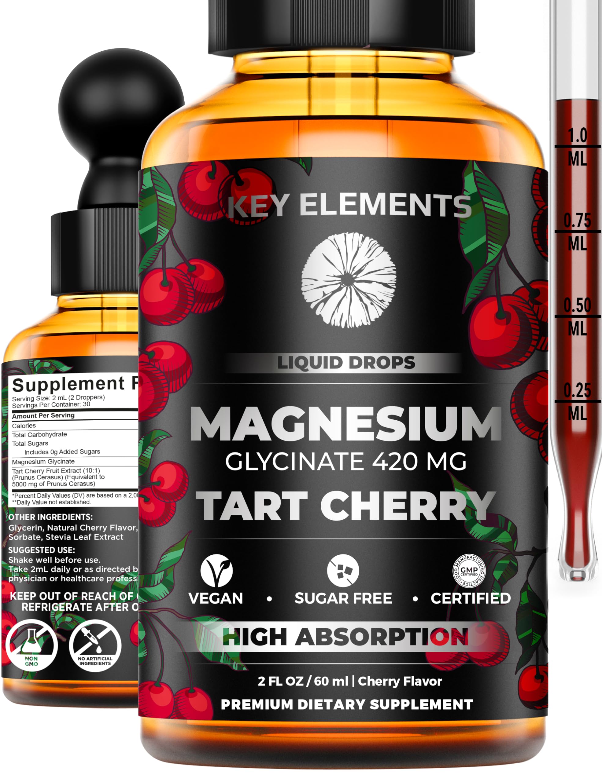 Liquid Magnesium Glycinate 420 Mg with Natural Tart Cherry Extract | Magnesium Glycinate Drops Supplement for Sleep, Mood & Mobility Support | Tart Cherry Extract