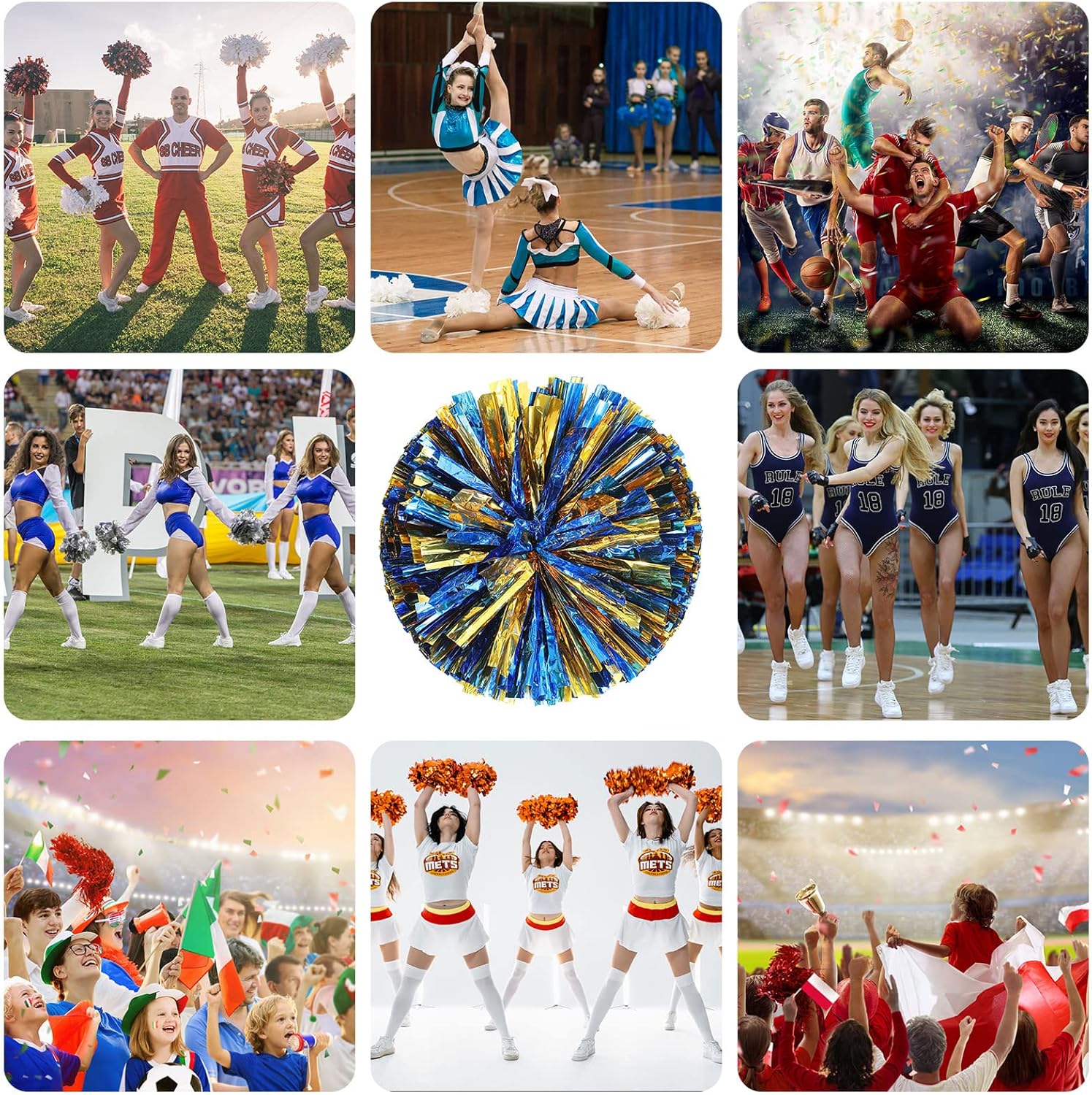 Cheerleading Poms,12 PCS Cheerleader Pompoms Hand Flowers, Premium Cheerleader Pompoms for Children Adults Sports Competition Holiday Celebration (Blue+Gold)