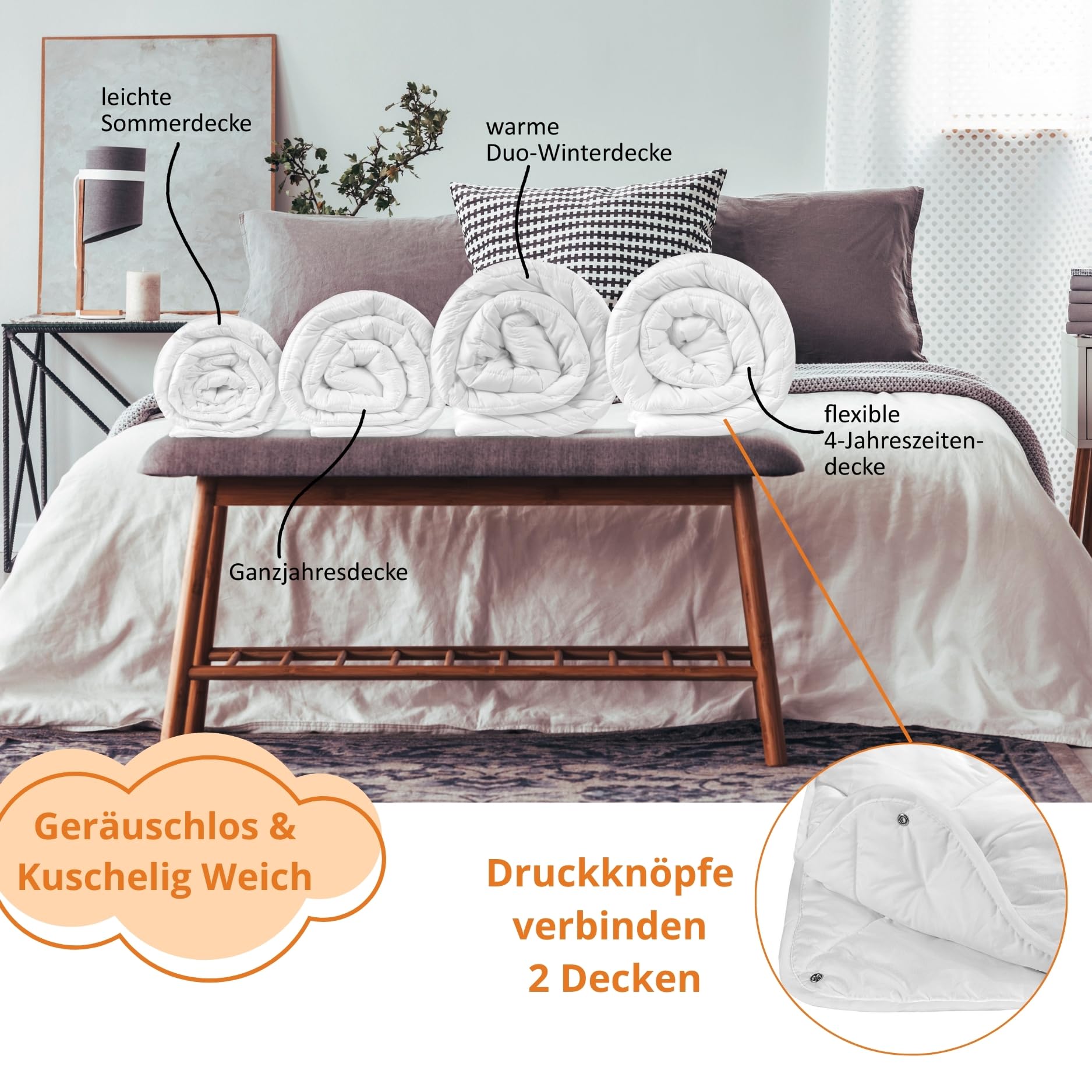 sleepling 4 Jahreszeiten Bettdecke 155x220 Set mit Kissen 80x80, Bettzeug, Decke und Kopfkissen, Vierjahreszeiten Steppdecke 155 x 220, Made in EU, Ökotex, Waschbar 60 Grad, 100% Mikrofaser