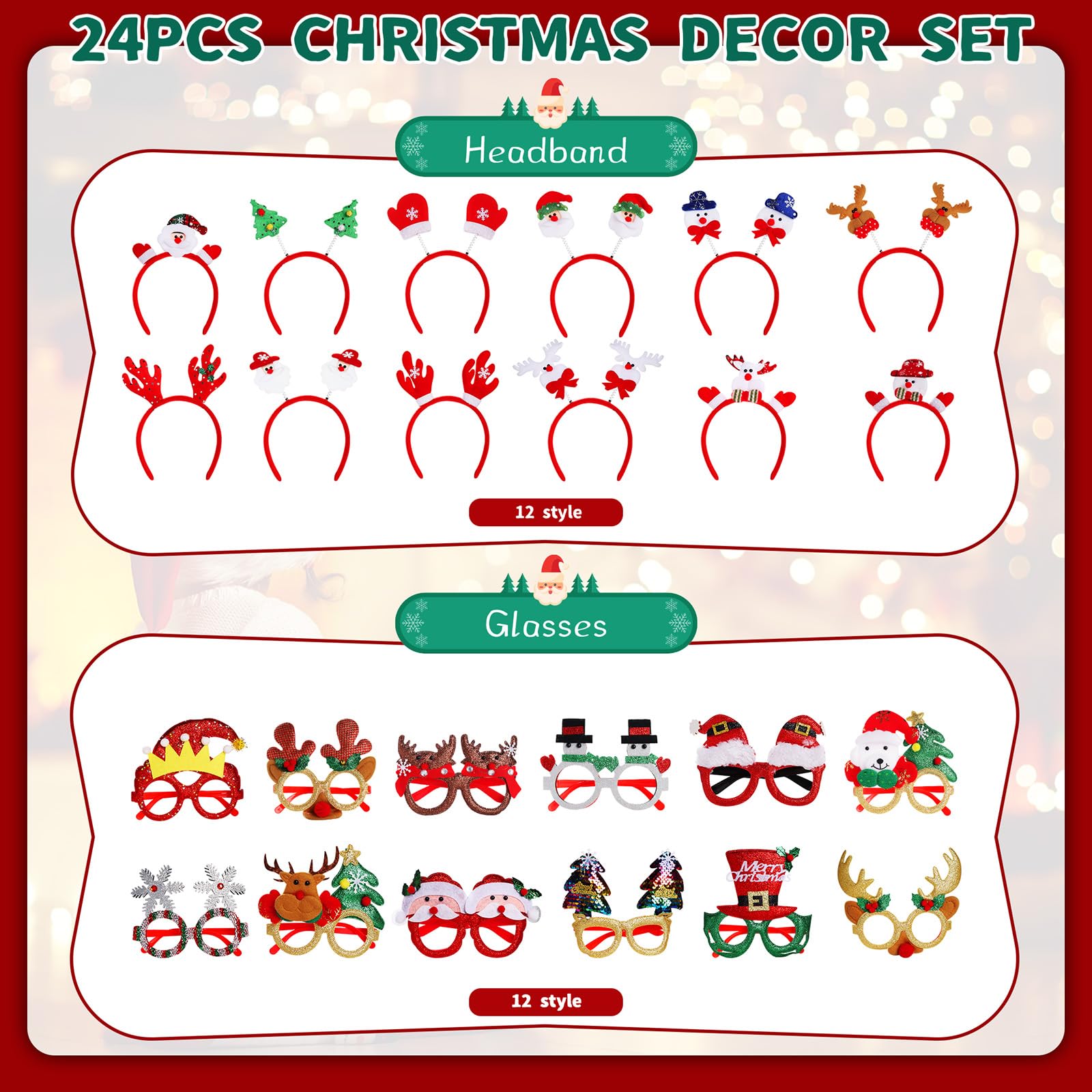 Set di 24 cornici per occhiali natalizi e fasce per capelli, accessori per feste di Natale, accessori per servizi fotografici
