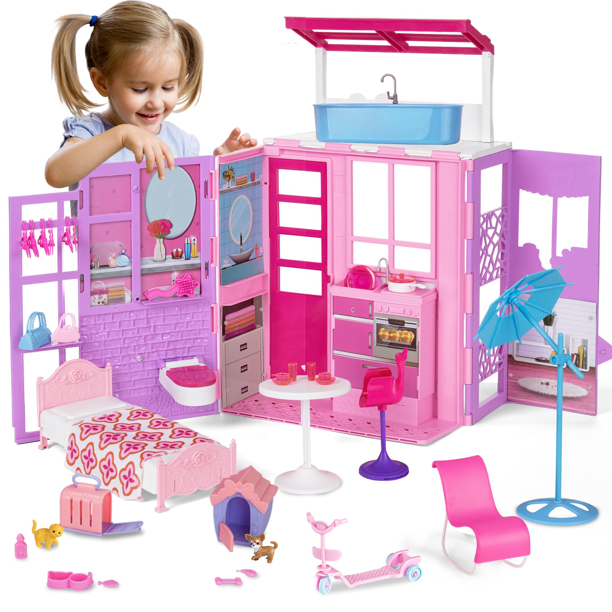 Doll House for 11.5-inch Dolls, 2-Story Foldable Dollhouse with 37 pcs Furnitures & Accessories, Playhouse with Pet House, Gifts for Girls Kids Toddlers