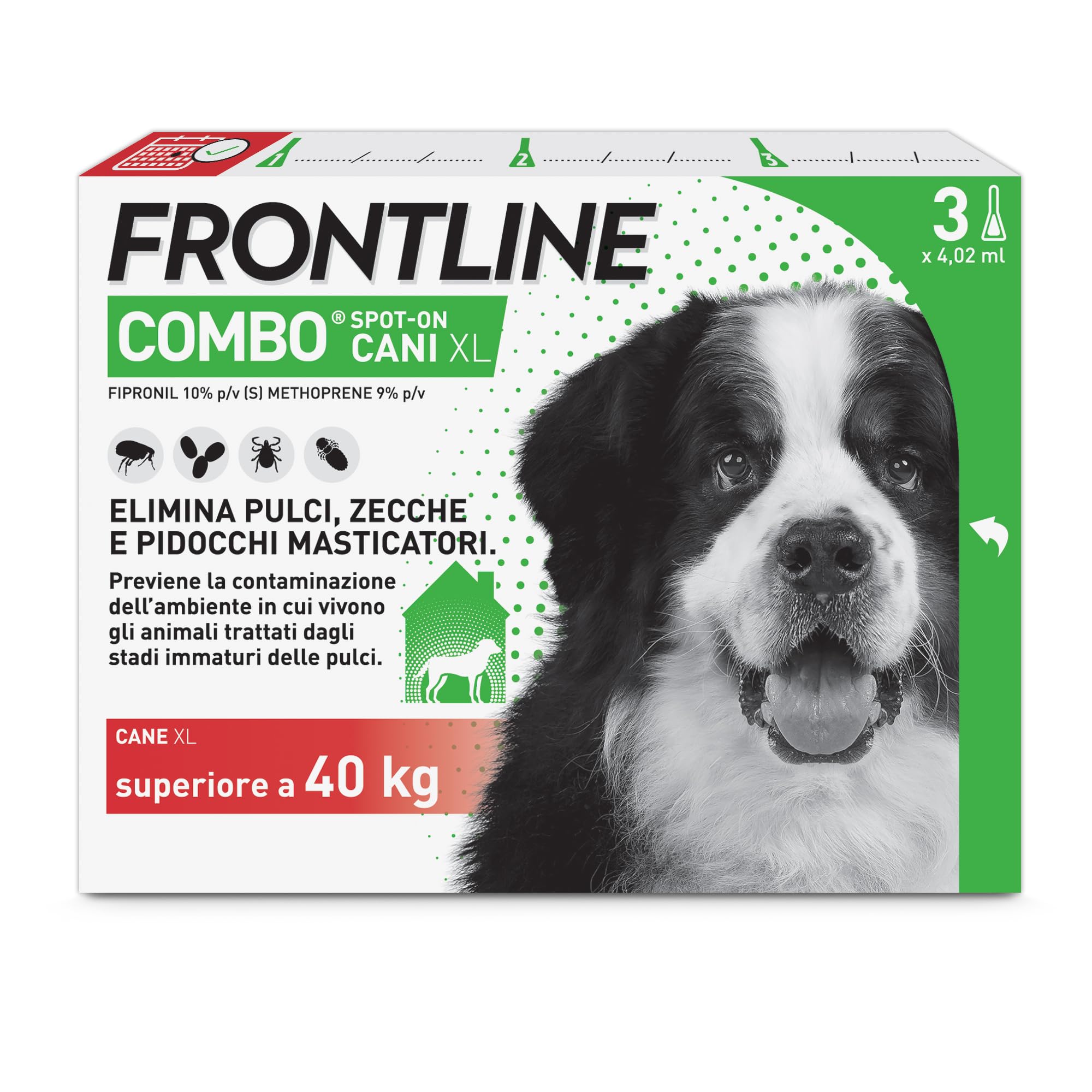 FRONTLINE Combo, 3 Pipette, Cane Taglia XL ( 40 Kg), Antiparassitario per Cani e Cuccioli di Lunga Durata, Protegge il Cane e Anche la Casa da Pulci, Zecche, Uova e Larve, Antipulci 3 Pipette