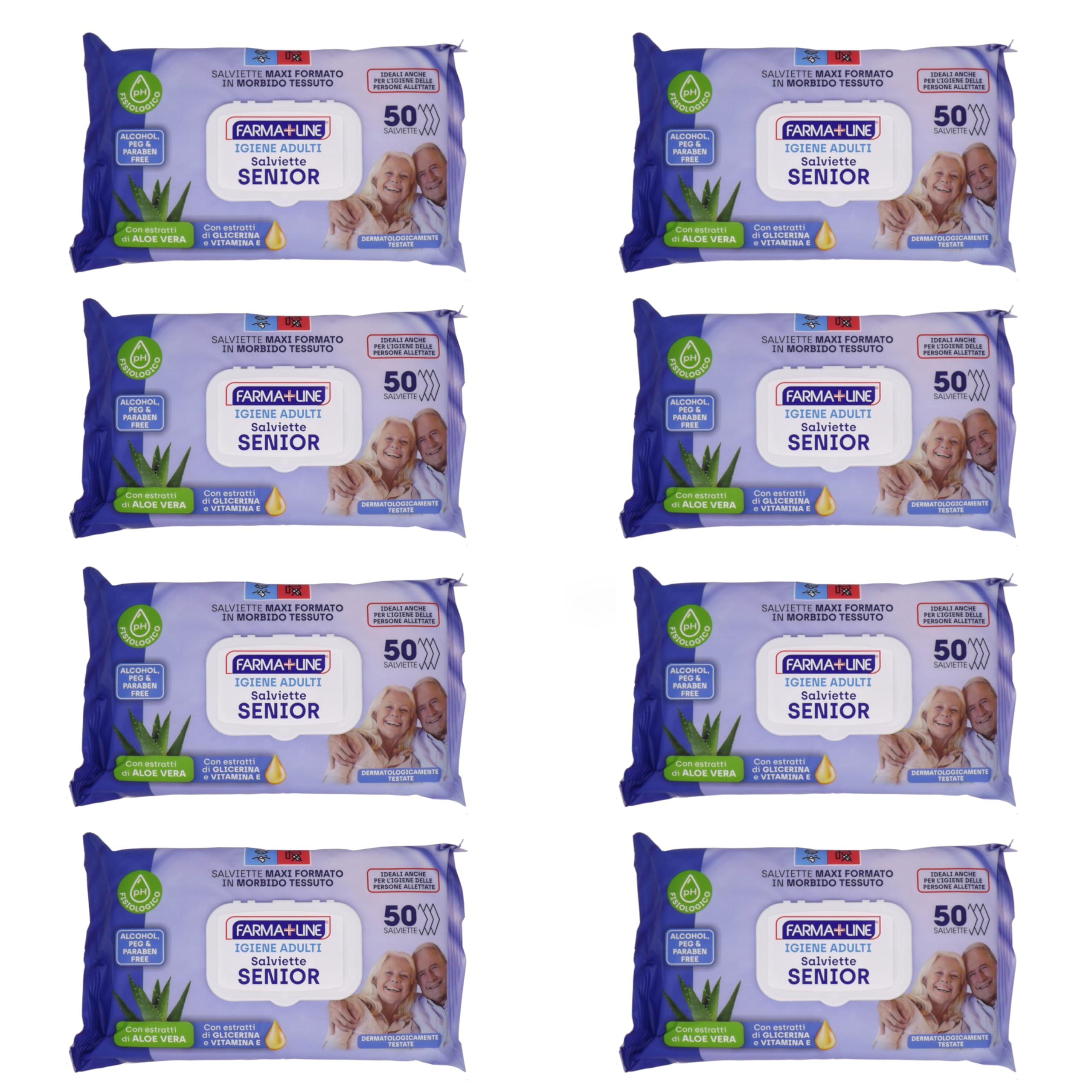 Salviette Senior Igiene Adulti Maxi 20 x 28 cm, 400 pz (8 confezioni da 50 salviette) Aloe Vera, Glicerina e Vitamina E, Senza Alcool, pH Fisiologico