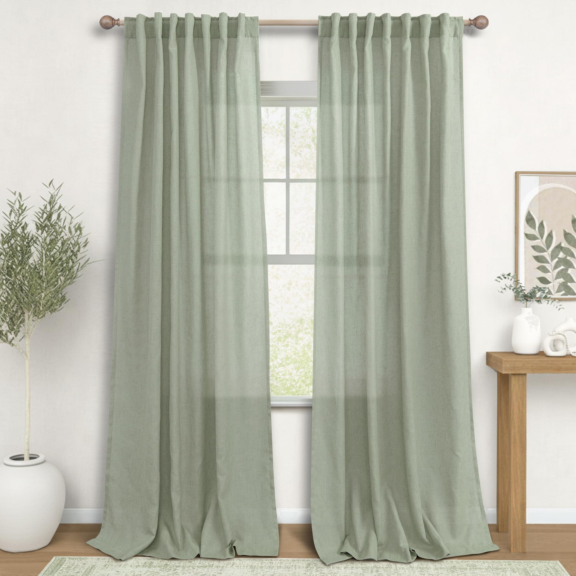 KOUFALL Sage Green Curtains 108 Inches Long for Living Room,Extra Long Linen Semi Sheer Flowy Curtains for Dining Room,52 in Wide by 108 in Length — image 1