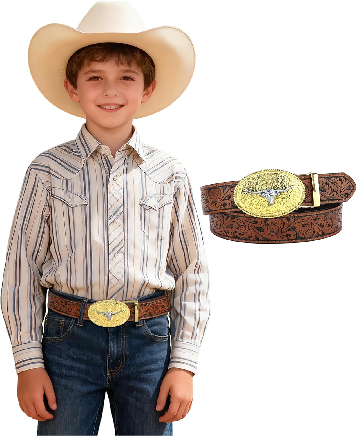 AWAYTR Kids Ratchet Western Belt - PU Leather Cowboy Belt Adjustable Toddler to Big Kid Sizes for Jeans