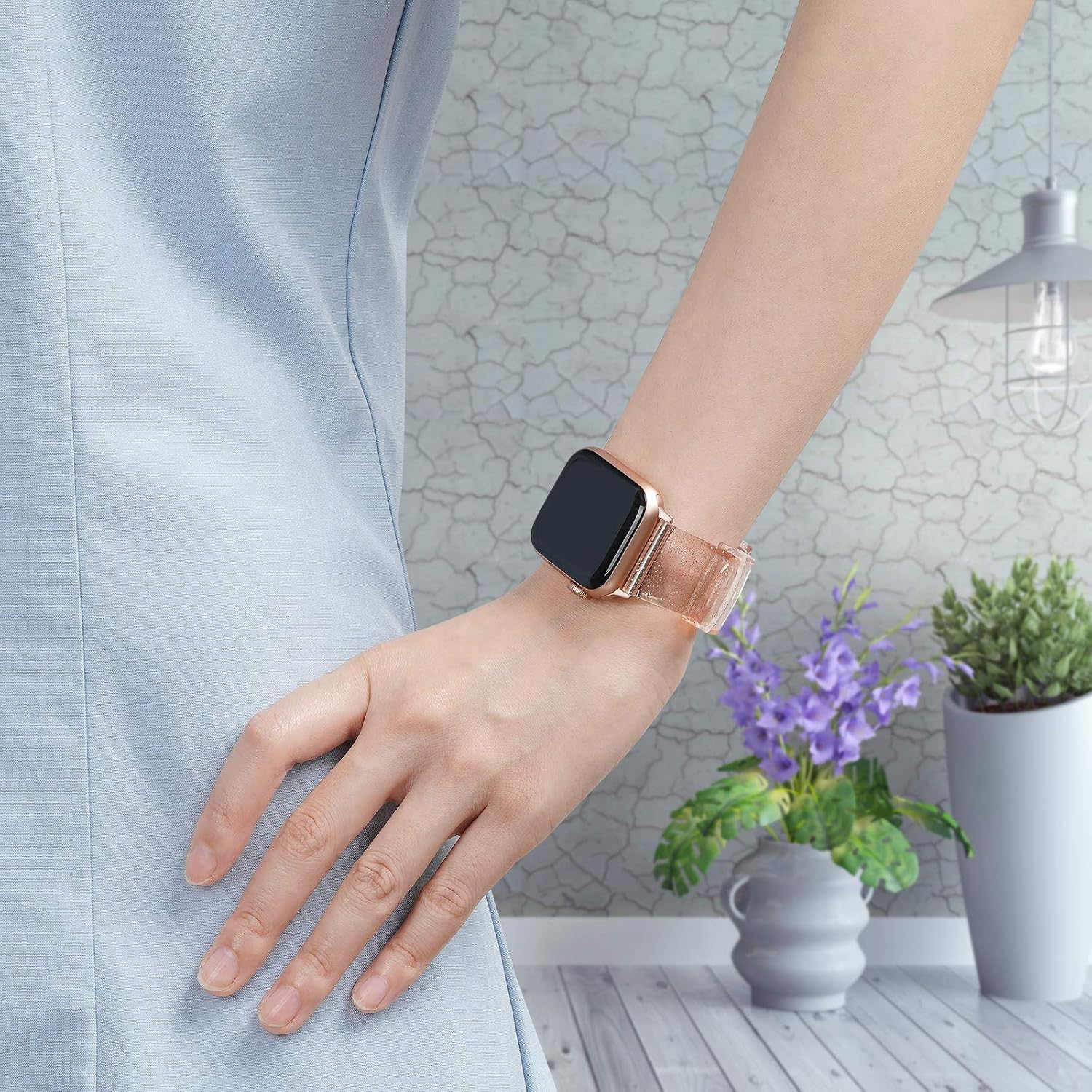 iiteeology Compatible with Apple Watch Band 42mm 41mm 40mm 38mm, Soft Glitter Clear iWatch Bands for Women Series 1-11 - Pink/Silver Band + Rose Gold Connector image 5