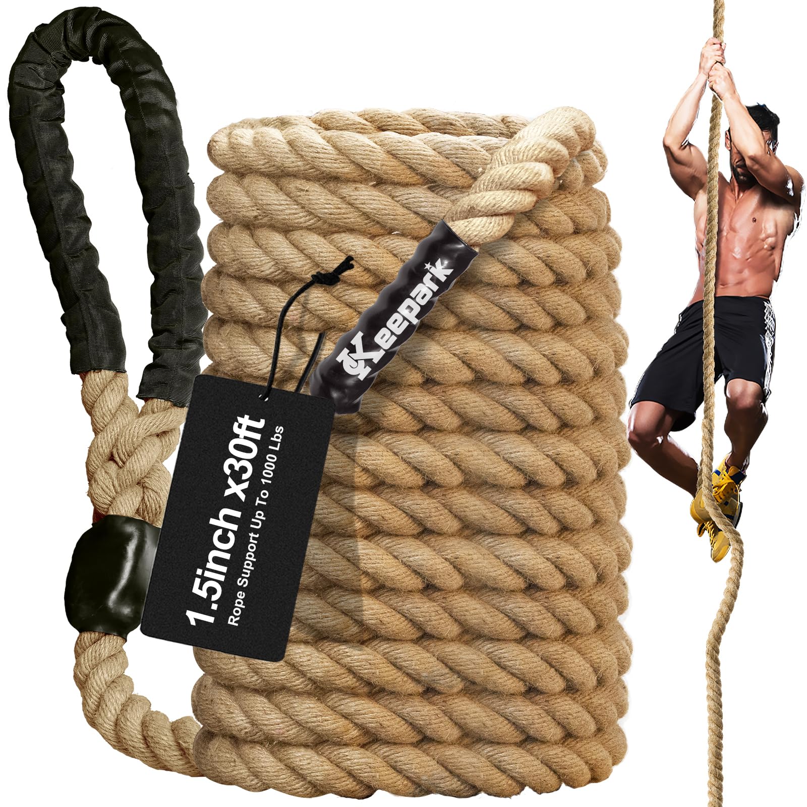 Keepark Climbing Rope 1.5 Inch Diameter 10FT 15FT 20FT 25FT 30FT 35FT Gym Climbing Rope for Fitness & Strength Training, Workout Exercises Climbing