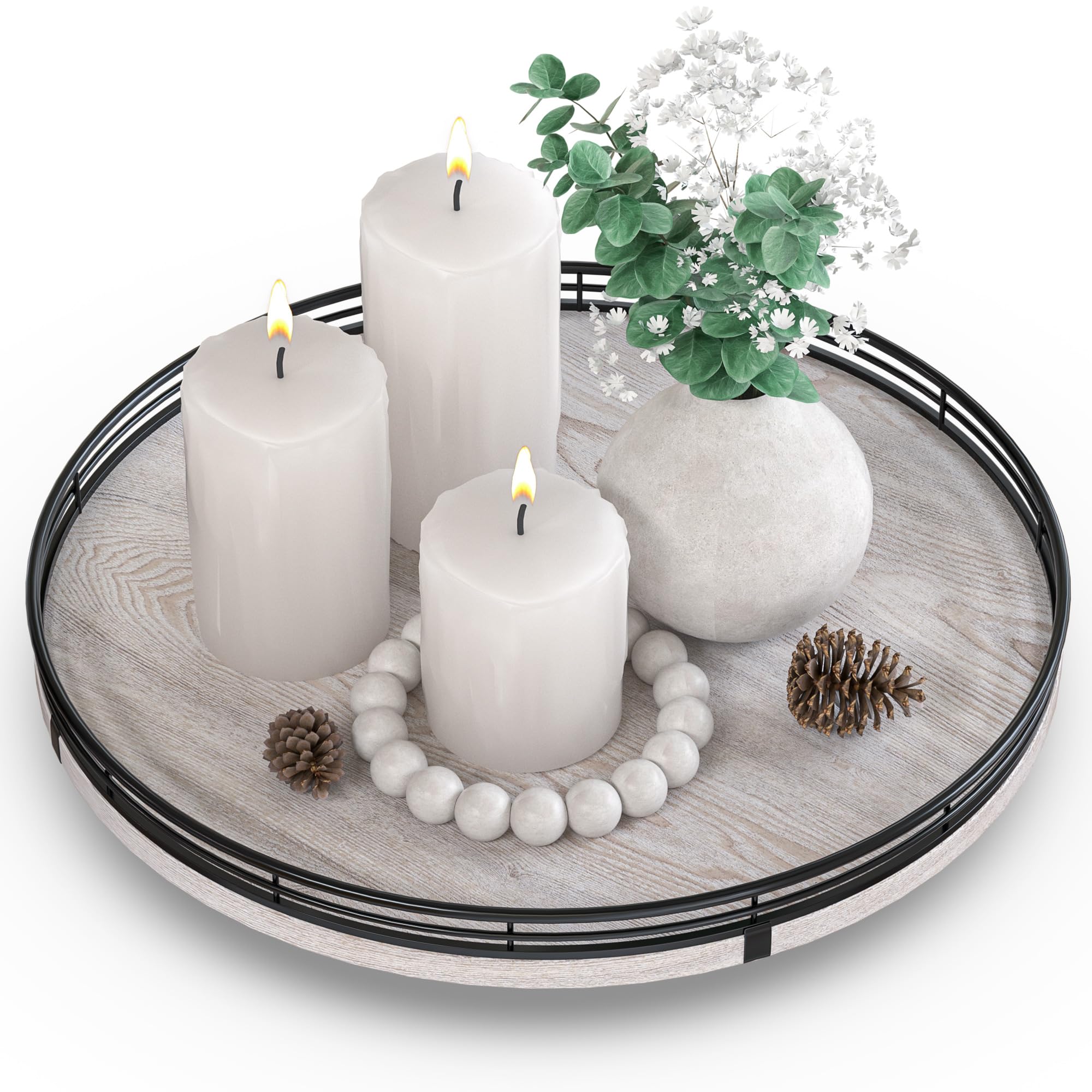 AMH 13-Inch Rustic Whitewashed Oak Lazy Susan Vanity Tray