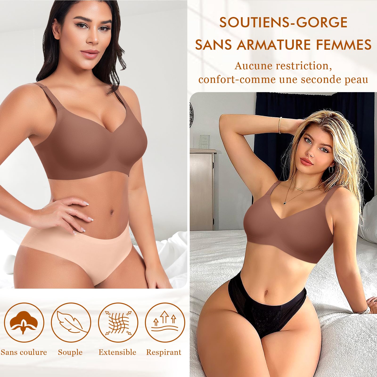 Ganado Soutien Gorge sans Armature Brassière Femme Push up Col en V Bralette Comfit Brassiere sans Coutures