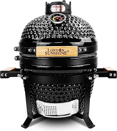 Parrilla de barbacoa de cerámica con carbón Kamado de 33 cm, parrilla de mesa portátil con rejillas de acero inoxidable, color negro
