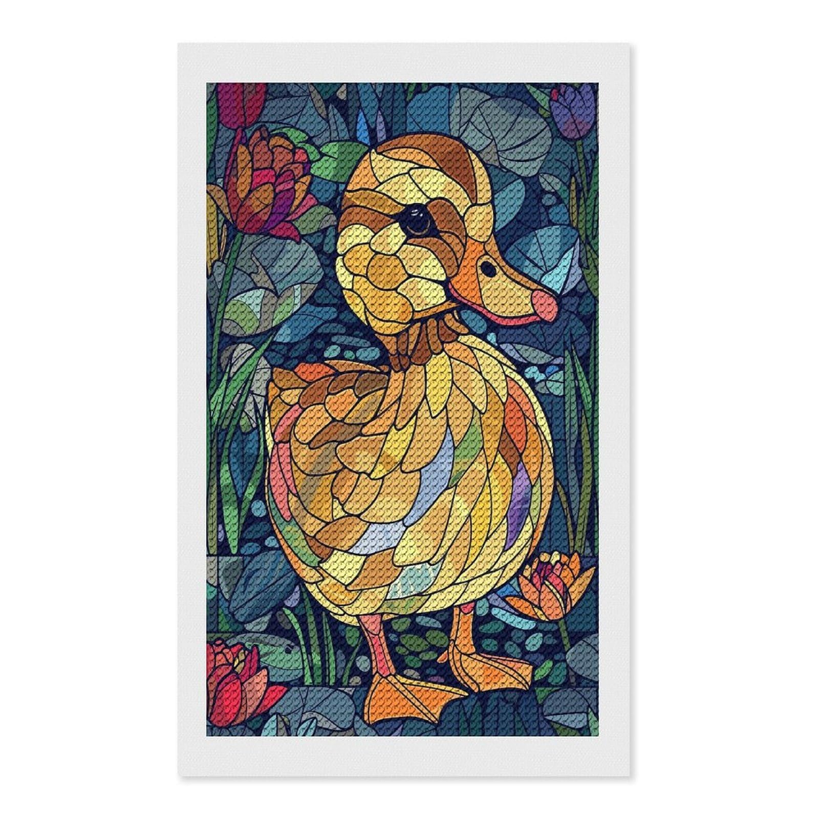 Junmoney Stained Glass Duckling with Water Lilies DIY Diamond Art Canvas Kit 12"x20", Pleasing Wall Art Project, Easy Handmade Project, Living Room Decor