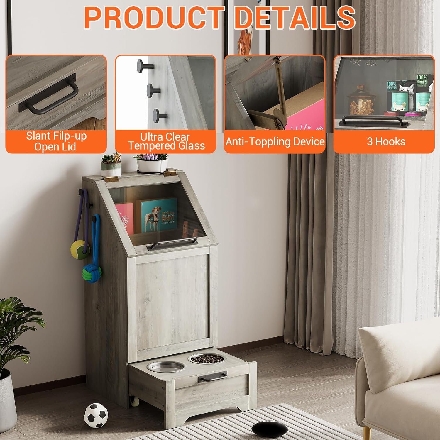 Dog Feeding Station, with Pet Feeding Station,Flip Top Dog Food Storage Cabinet, 2 Elevated Bowls, Includes 3 Hooks for Accessories – Space-Saving Design, Grey