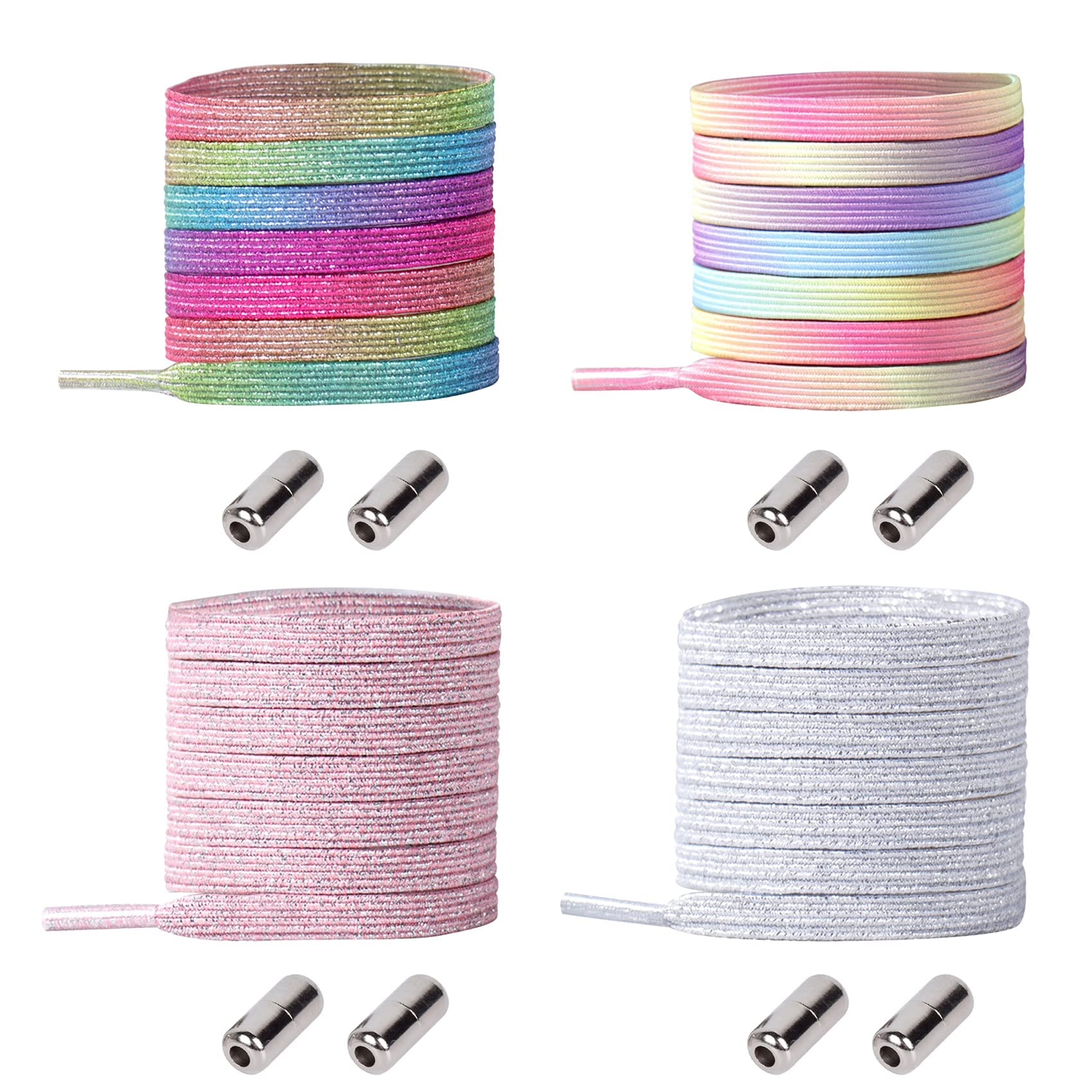 KASTWAVE4 Pair No Tie Laces Elastic Shoelaces Universal Quick Tie Shoe Laces with Metal Buckle for Kids and Adults (4 Colors)