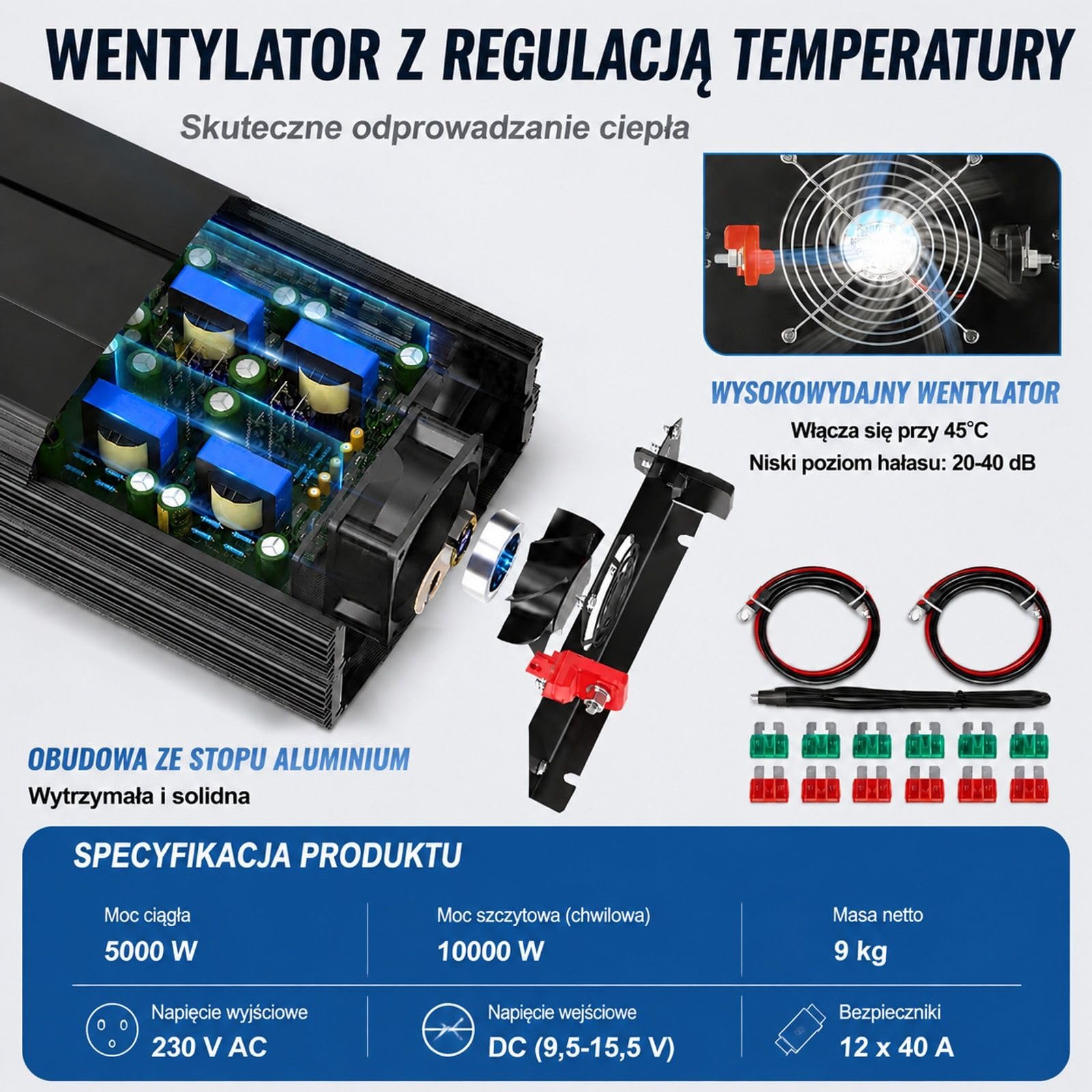 Przetwornica czystej fali sinusoidalnej 5000 W, wejście 12 V DC, wyjście 230 V AC, 2 gniazda europejskie, wyświetlacz LCD, obudowa ze stopu aluminium do samochodu, kampera i ciężarówki