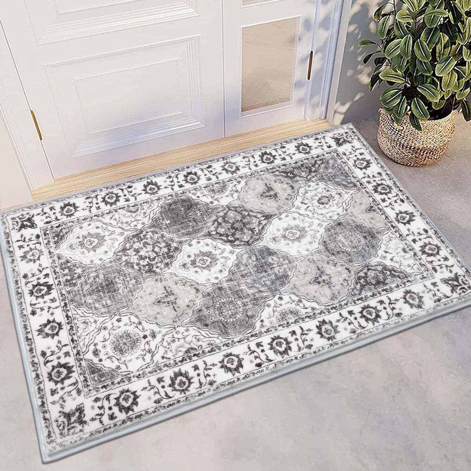 HEBE Washable Area Rug - 2'x3' Non Slip Soft Distressed Medallion Bedroom Boho Living Room Accent Throw Vintage Entry Floor Carpet for Dining Room Bathroom Entryway 2' x 3' Multi-grey