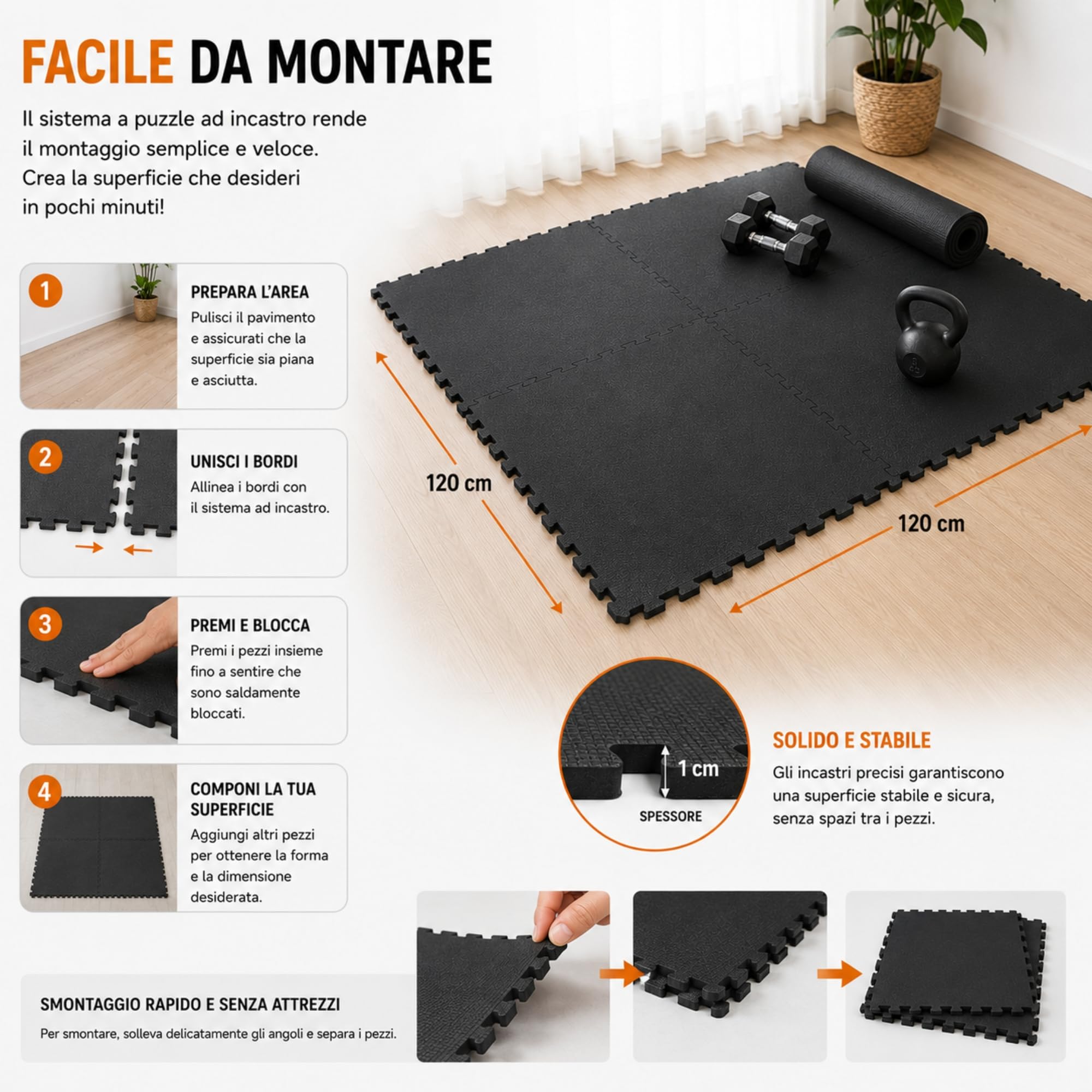 Tappeto Palestra EVA ad Incastro, 4 Pezzi 60x60x1 cm, Tappetino Fitness Puzzle Antitrauma Antiscivolo, Pavimento Protettivo per Home Gym Garage Yoga Fitness Nero