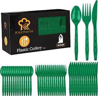 Kochorie 90 Pieces Dark Green Plastic Cutlery Set | Disposable Plastic Utensils, Heavy Duty Flatware Set, Durable Knives Forks Spoons for Birthday Graduation Christmas Picnic