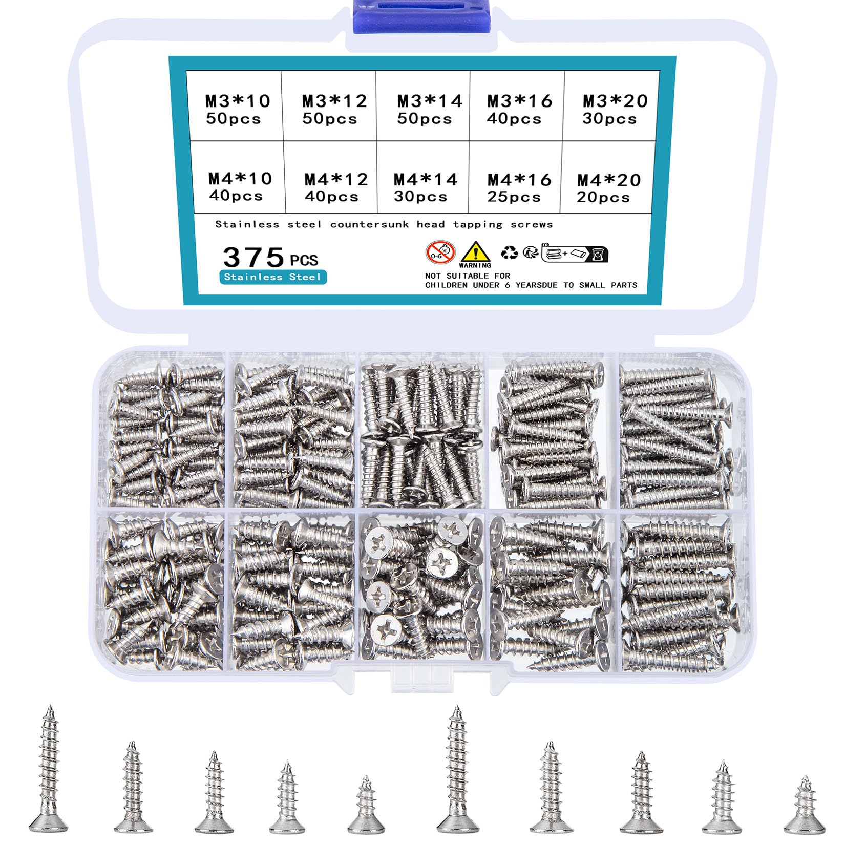 375 Pezzi Assortimento di Viti Autofilettanti M3 M4, Set di Viti a Testa Piatta, Kit di Viti per Lamiera con Testa Piatta per Plastica, Legno, Metalli Morbidi