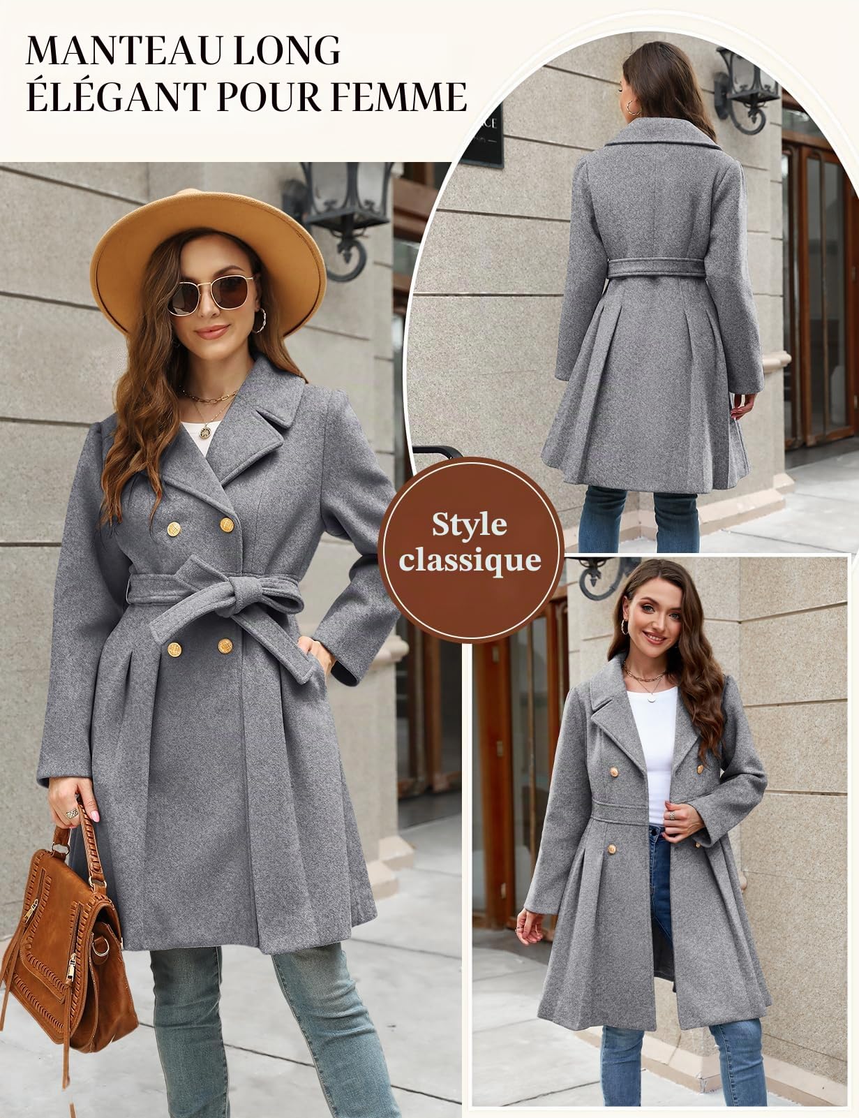 Vancavoo Manteau Femme Hiver Chic Veste Long Manteaux en Laine Elégant Coat Manches Longues à Revers A-line Chaud Trench Coat Jacket