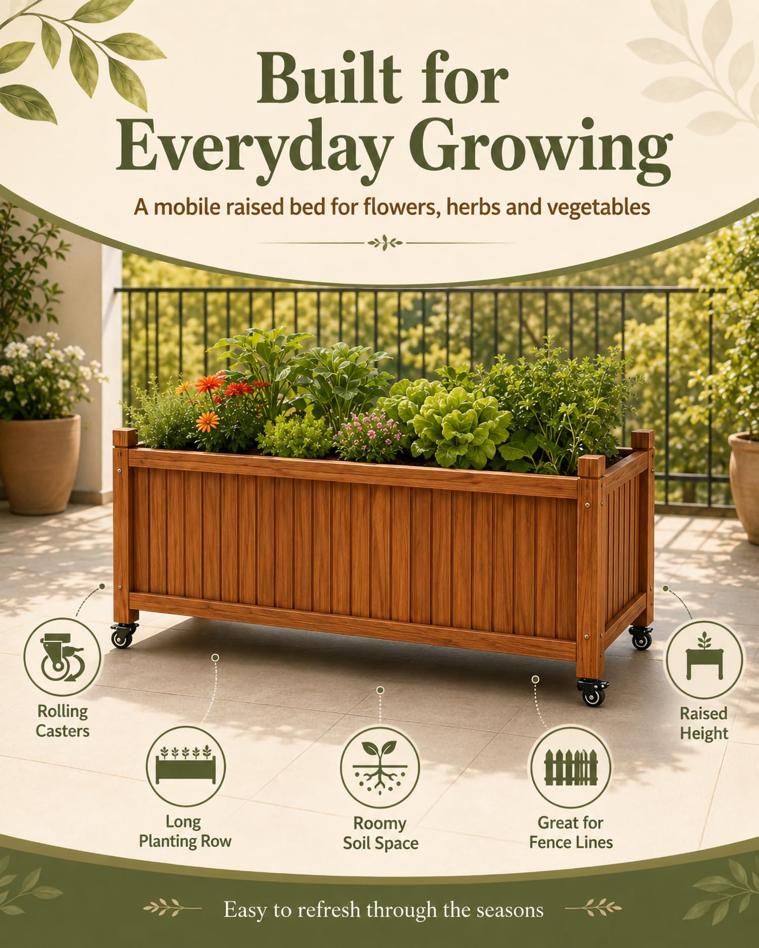 Letto da Giardino Rialzato con Ruote E Vasca Lunga Rettangolare, Cassone Orto Lungo Muro, Vaso per Fiori per Erbe, Fiori E Verdure su Patio E Terrazza Esterna,45 * 45 * 65cm/17 * 17 * 25in