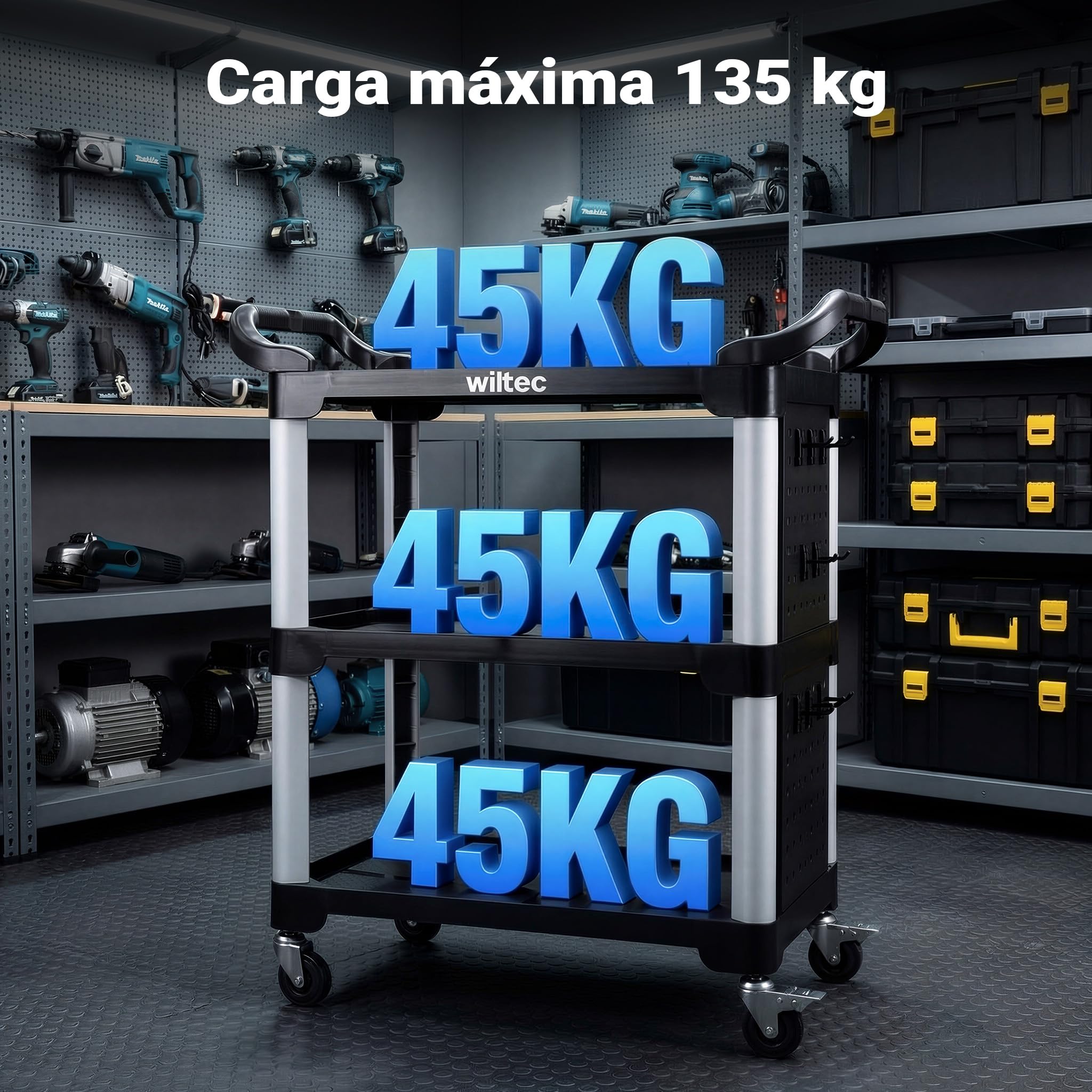 Wiltec Carro de 3 Niveles Tipo 02 con Capacidad de Carga de 120 kg, Carro de Taller 67 x 43,5 x 97 cm de plástico